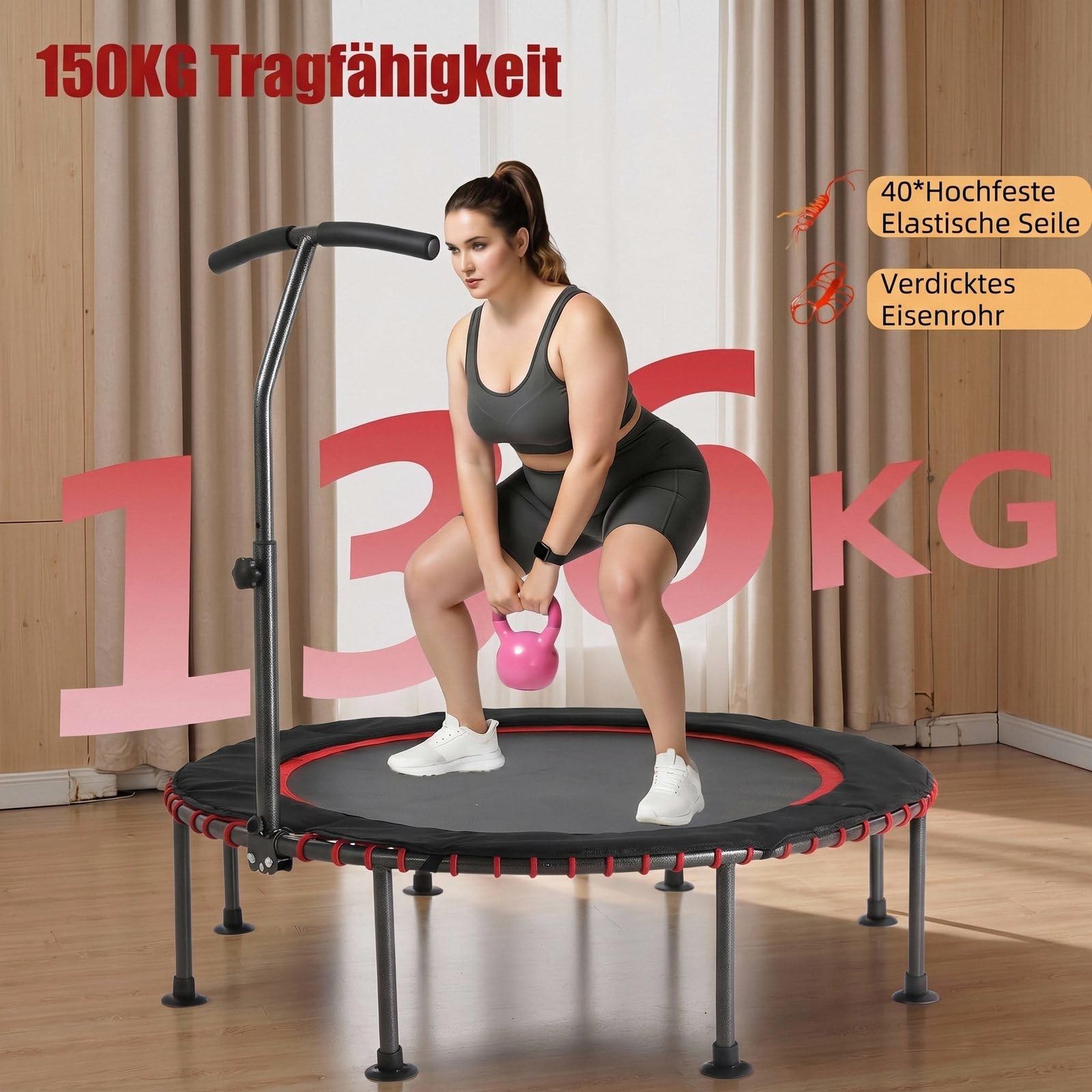 LIFERUN Trampolino elastico per interni, per adulti, diametro di 122/128cm, per allenamento, portata 150 kg, sospensione in corda in gomma stabile e silenziosa, manico regolabile in altezza a 3,Rosso