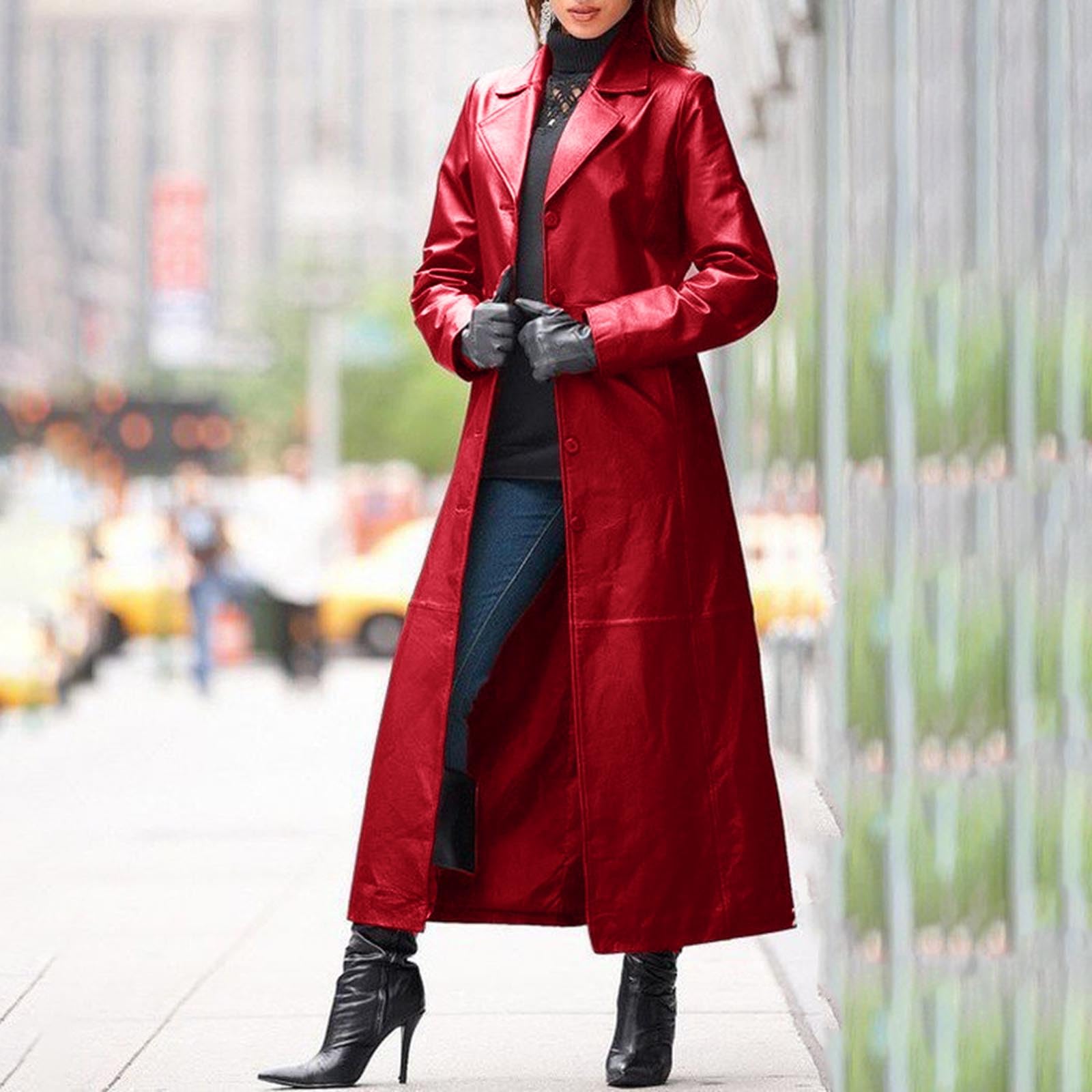 Generisch Trench en cuir synthétique pour femme - Coupe longue - Avec col à revers et fermeture à boutons - Élégante veste de moto pour un style décontracté