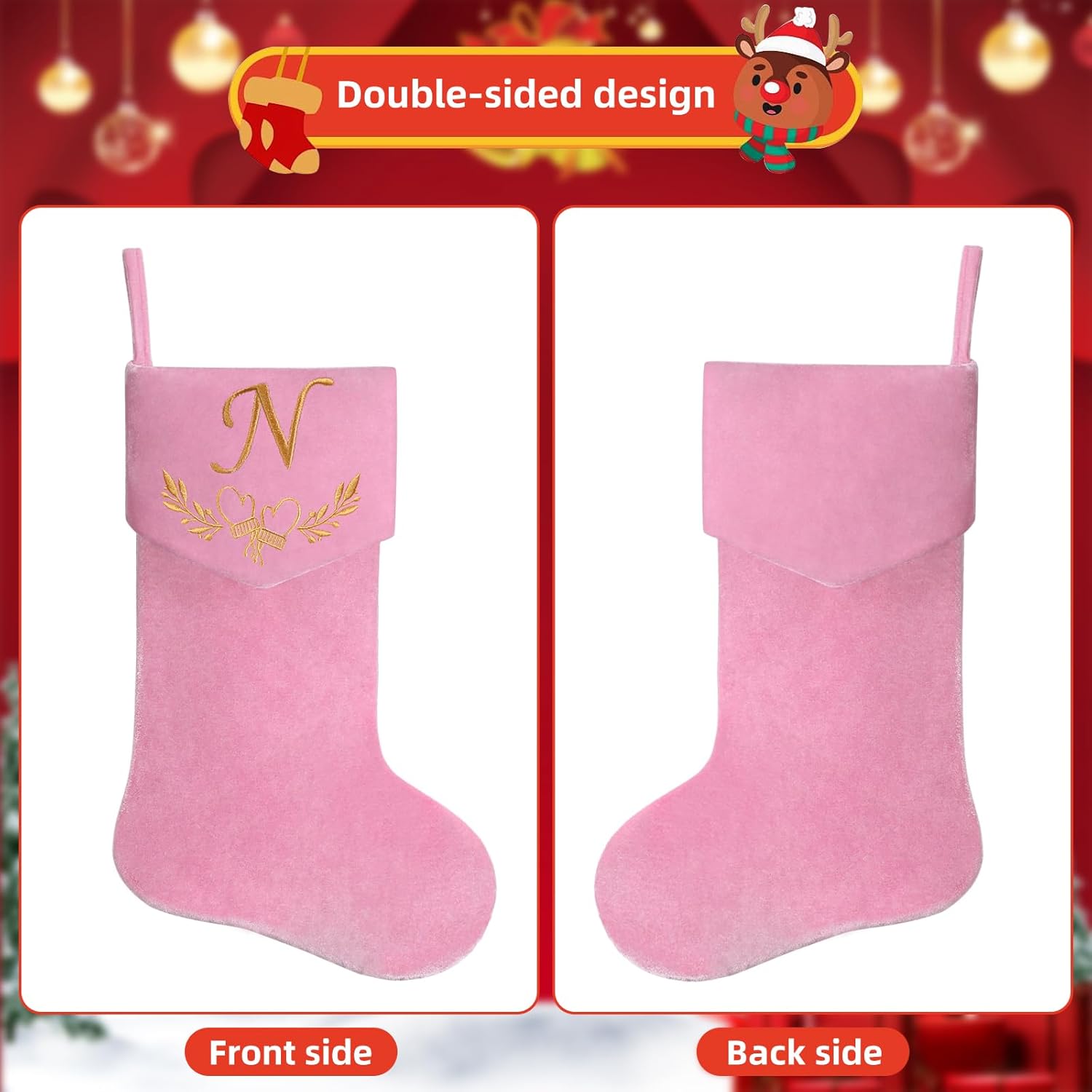 Personalized Velvet Christmas Stockings,19.5 Inches Initial Monogram Christmas Stocking,Embroidered Letter Fireplace Hanging Stockings for Party Decoration and Xmas Gift-Pink A - Image 3