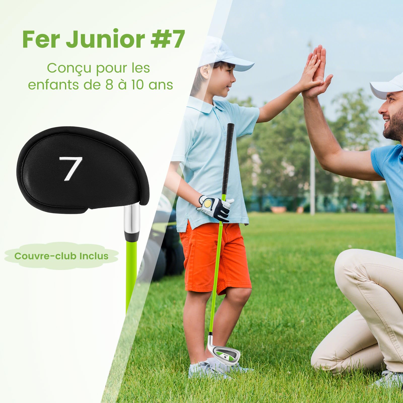 GYMAX Club de Golf pour Enfants, Fer Junior #7, Longueur 79cm pour Garçons et Filles 8-10 Ans, Grand Sweet Spot, Manche en Fibre de Verre, Couvre-Club, pour Entraînement des Débutants Droitier