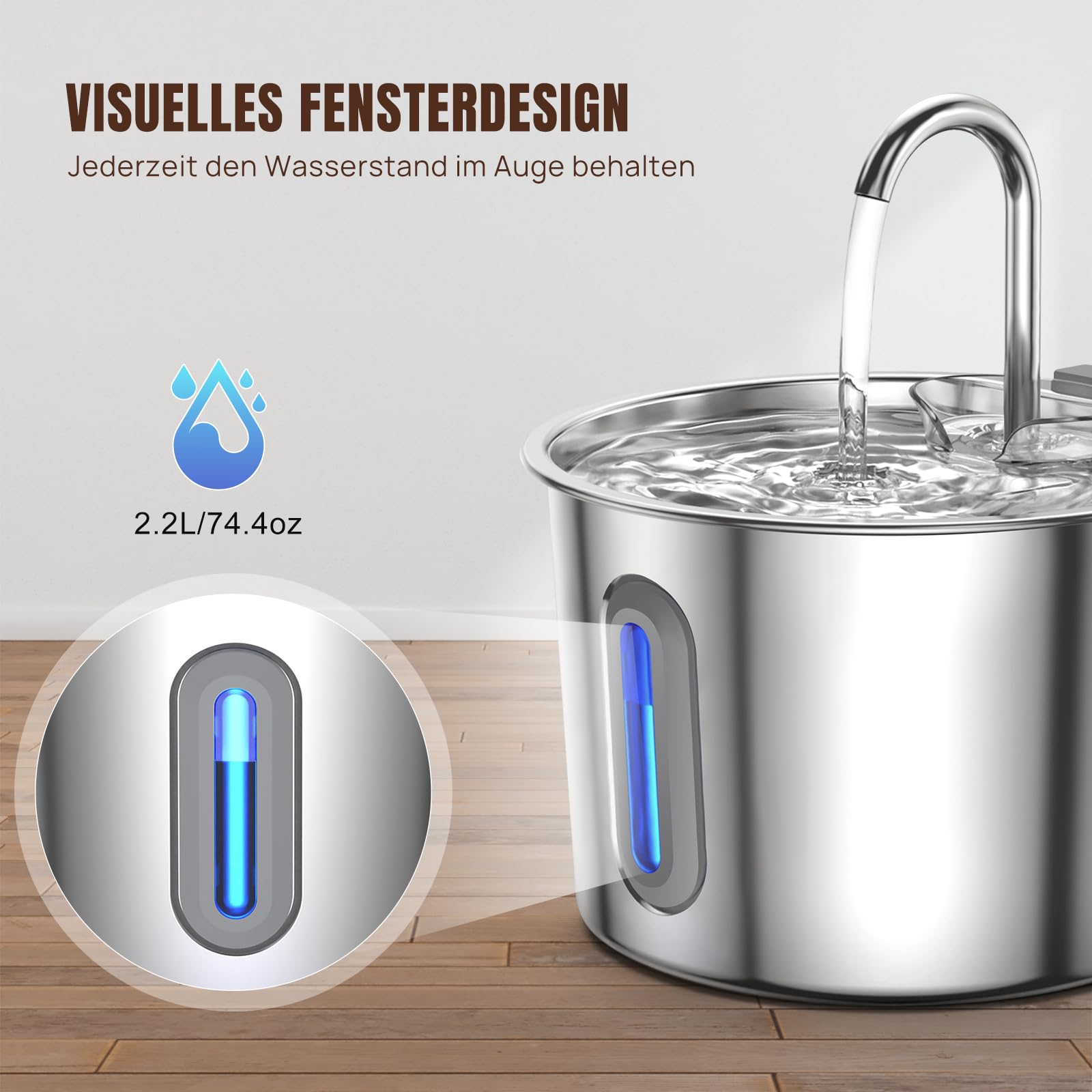 Fuente para gatos de acero inoxidable para gatos, fuente de agua para gatos, 2,2 l, fuente de agua súper silenciosa para perros, mantiene el agua fresca, con 2 filtros de carbón + 1 esponja