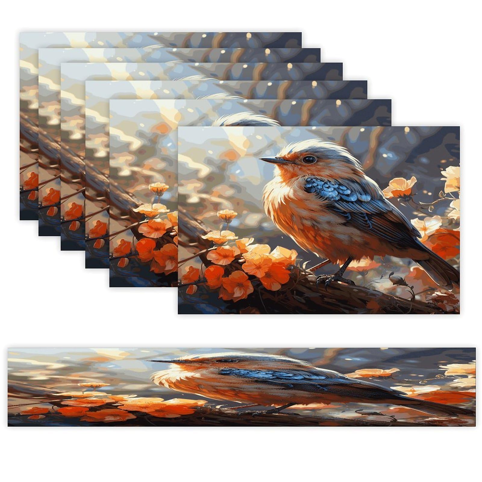 Flowers and Birds Table Runner and Placemats Set of 6 Heat Resistant Table Runner Place Mats Modern Cloth Table Mat Washable Linen Placemat Festive Reusable Set