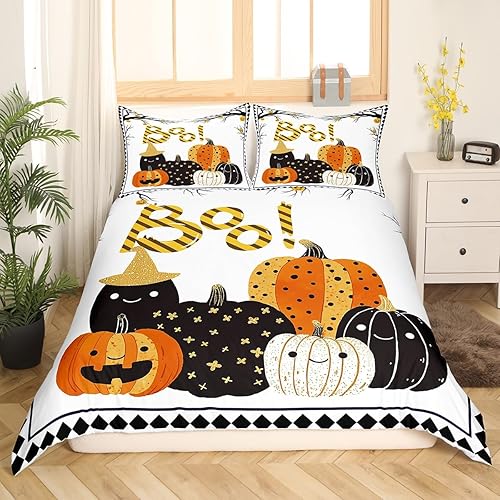 Miniatura 3 de Manfei Juego de funda de edredón de calabaza, tamaño matrimonial, juego de ropa de cama con temática de Halloween, 3 piezas para decoración de