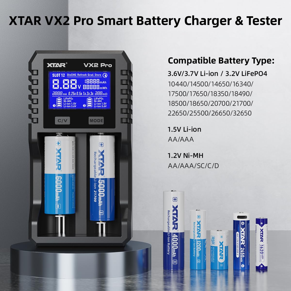 XTAR VX2 PRO 18650 Chargeur de batterie professionnel avec testeur de capacité