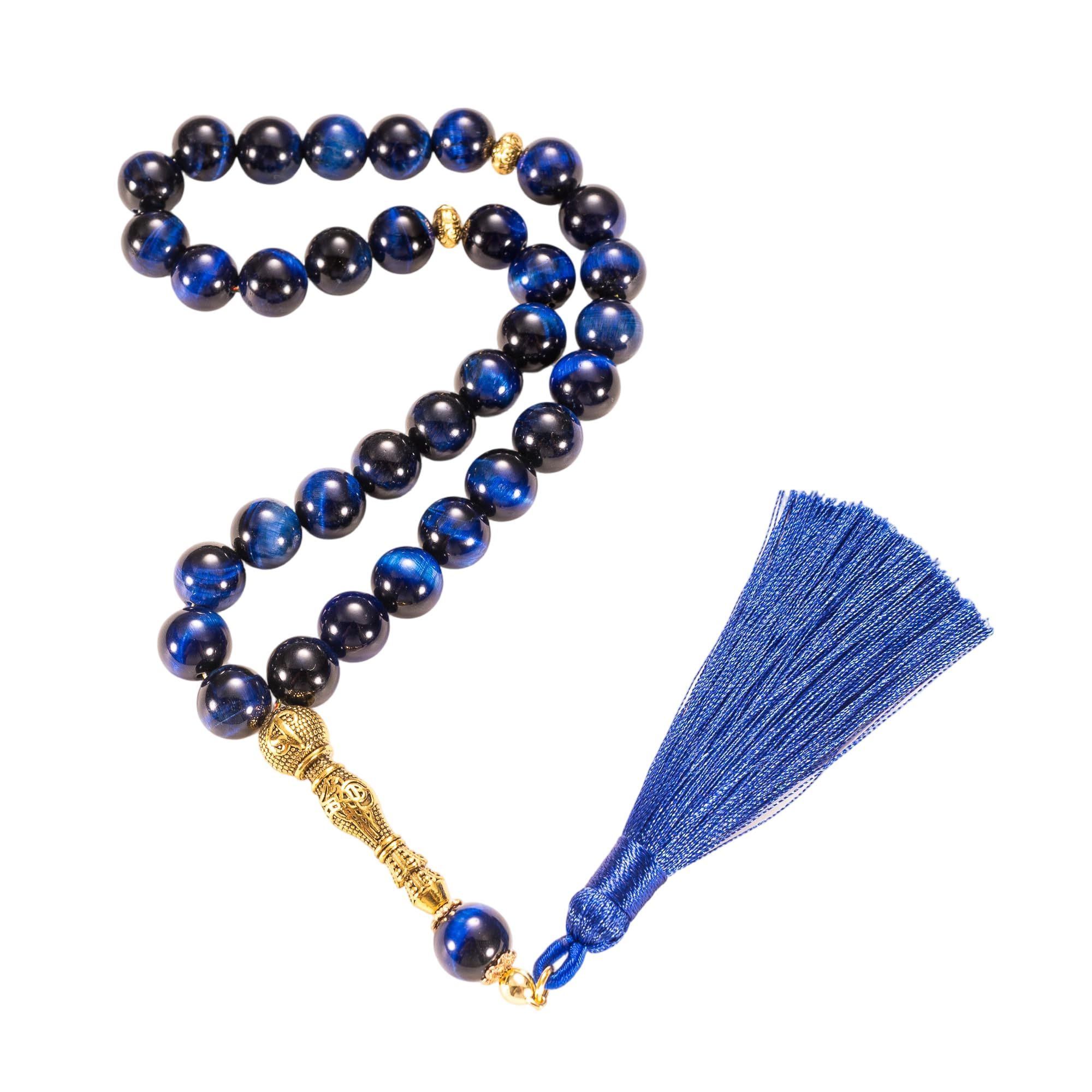 Natural Blue Tiger Eye Tasbih | 33 Beads Polished Blue Tiger Eye Misbaha with Gold-Tone Accents | Handmade Prayer Beads for Daily Use & Calm Focus | Elegant Gift for Men | Ramadan, Eid & Birthday