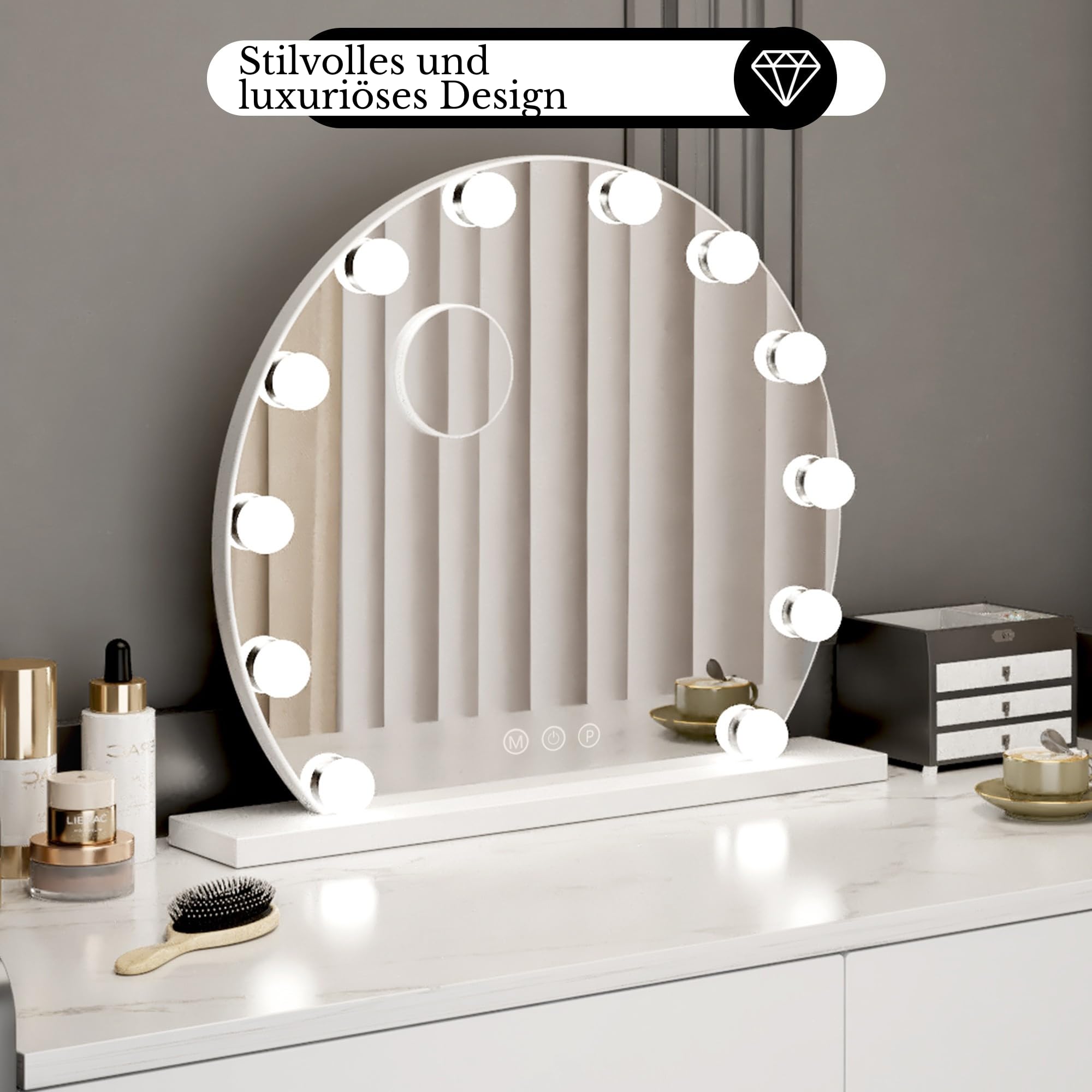 Bayt Hollywood Spiegel Rund (Ø 55 cm), Schminkspiegel mit Licht, LED Spiegel Schminktisch mit 10x Vergrößerung, Touch-Schalter & Dimmbar, Vanity Mirror, Weiß