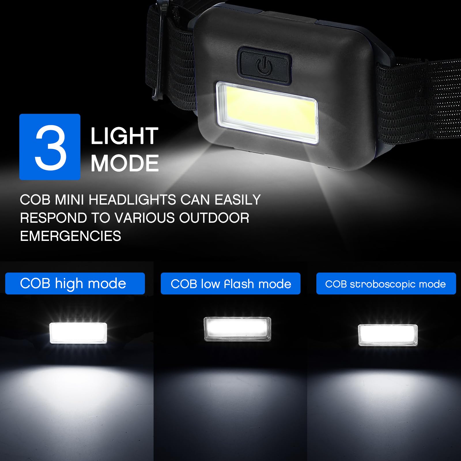 Lot de 48 lampes frontales LED lumineuses et étanches - 800 lumens - 3 modes - 144 piles AAA - Pour adulte, course à pied, camping, survie nocturne (noir)
