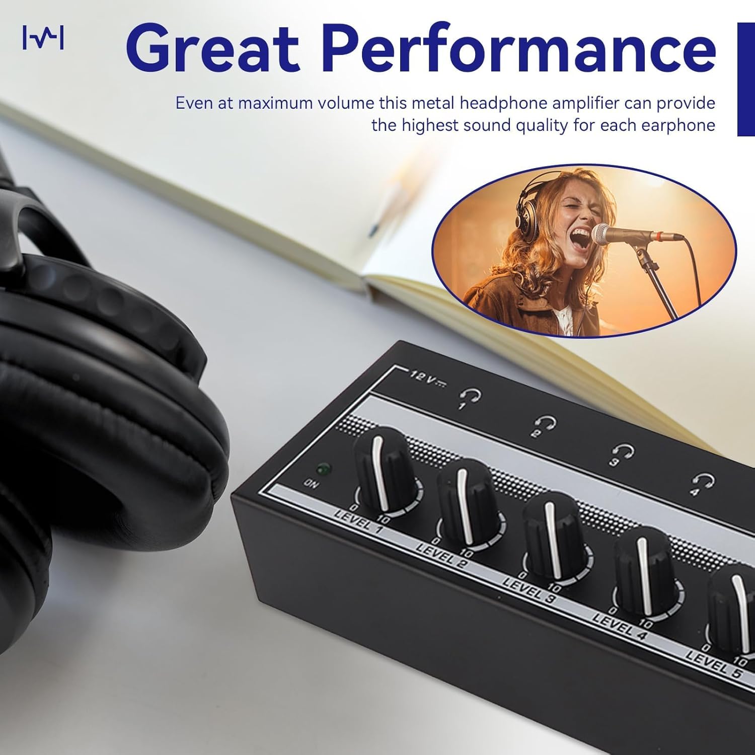HERCHR Headphone Amplifier 8 Channel Metal Stereo Audio Amplifier, 100 to 240V Portable Headphone Amp with Power Adapter for Studio and Stage