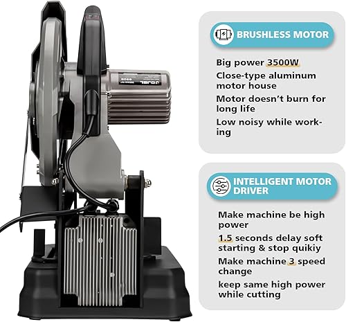 Miniatura 2 de DJBL Sierra de corte en frío sin escobillas de 14 pulgadas, 3500 W, velocidades cambiables, hoja de metal ferroso de 66 dientes, ajustable en 45