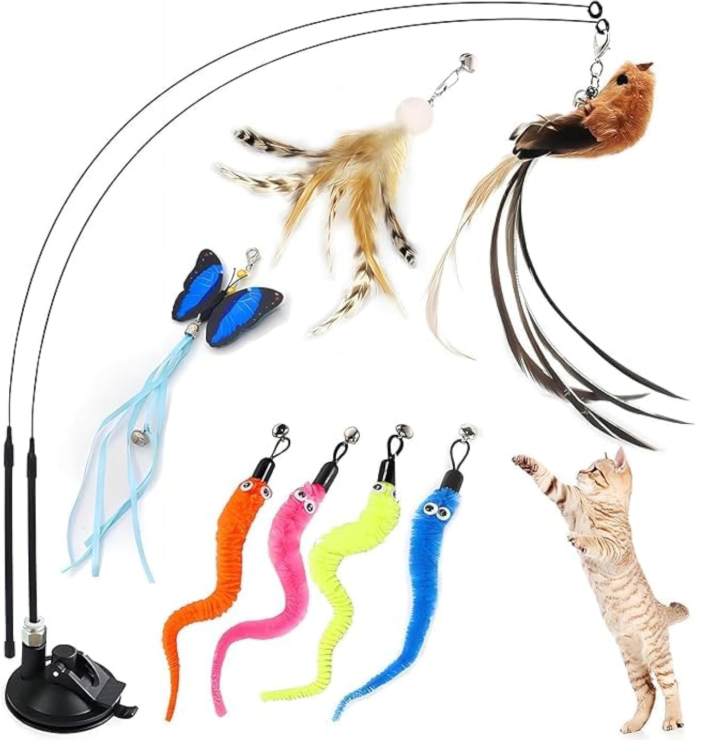GIAPINST Juguetes de Gato de Plumas Interactivas en Interiores, 7 Juguetes Reemplazables para Gatos con Campanas, 1 Ventosa, 2 Varita Gatitos