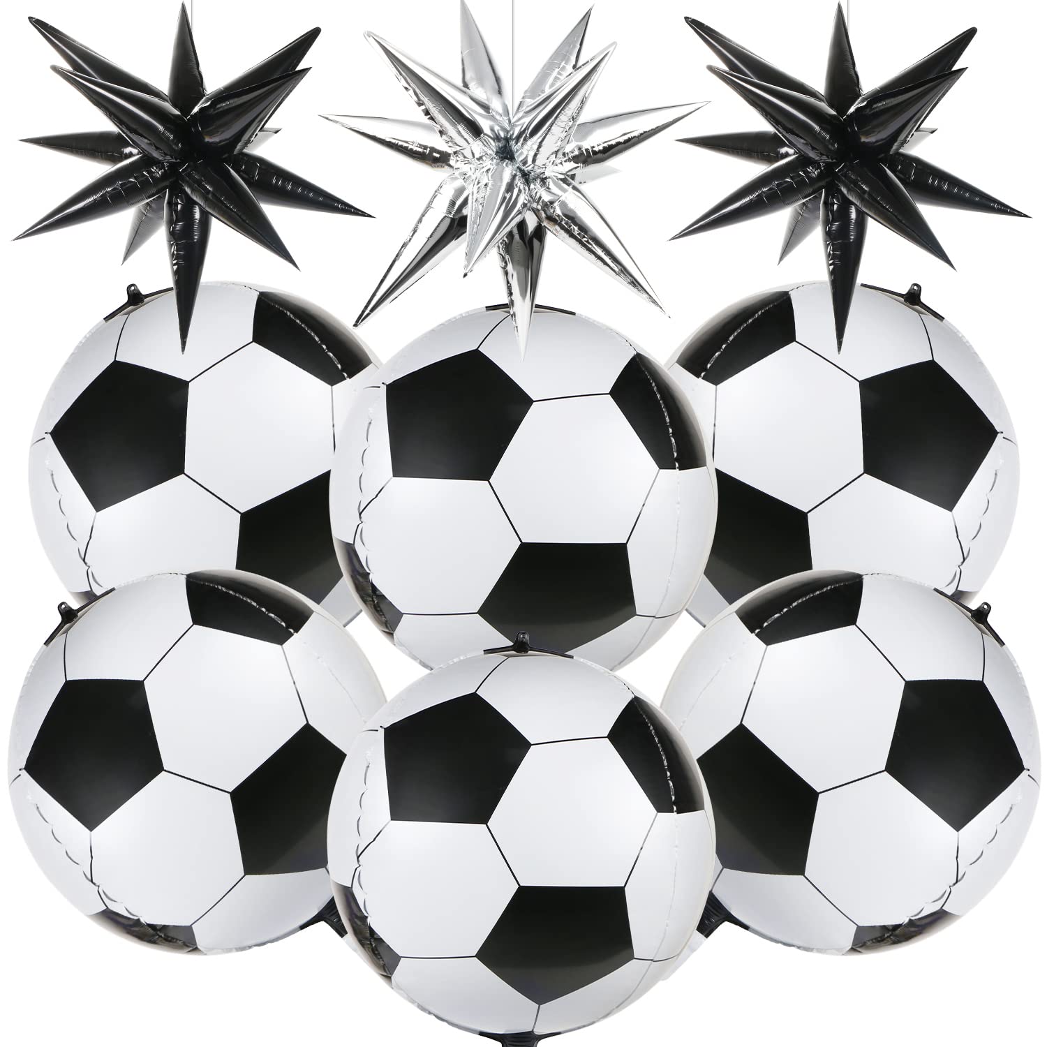 MIKIMIQI 6 Pcs Soccer Balloons 3 Pcs Explosion Pointed Star Foil Balloons for Soccer Party Decorations, 22'' Jumbo Sphere 4D Soccer Football Mylar