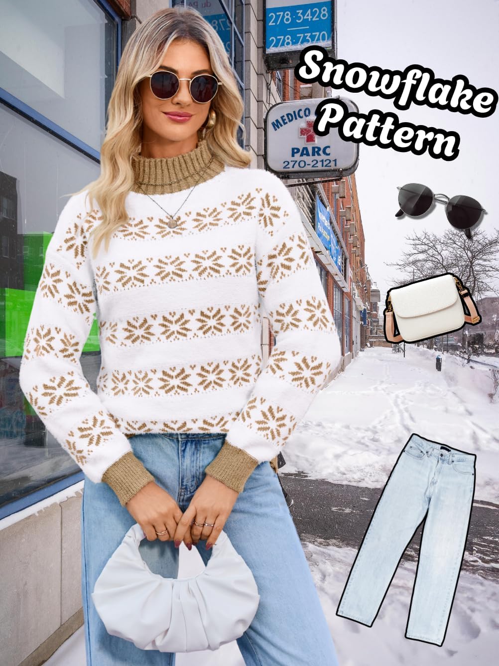 Women's Fuzzy Snowflake Sweater, Mock-Neck Long Sleeve Loose Pullover, Winter Warm Knit Top for Casual & Holiday - Image 2