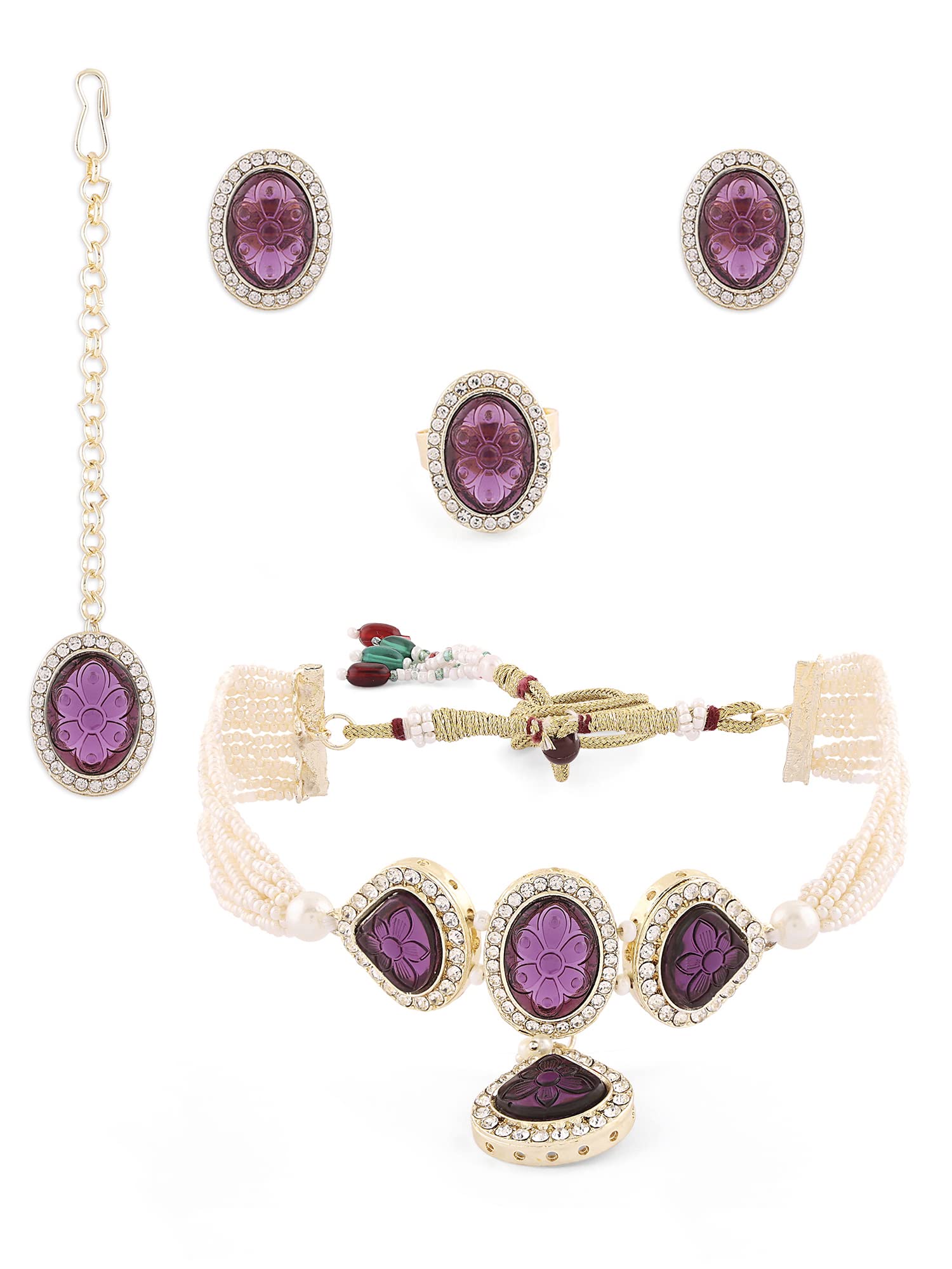 ZAVERI PEARLS Purple Stones Multistrand Pearls Choker Necklace Earring Maangtikka & Ring Set For Women-ZPFK15453 (B0BTVSM8YY) Amazon Price History, Amazon Price Tracker
