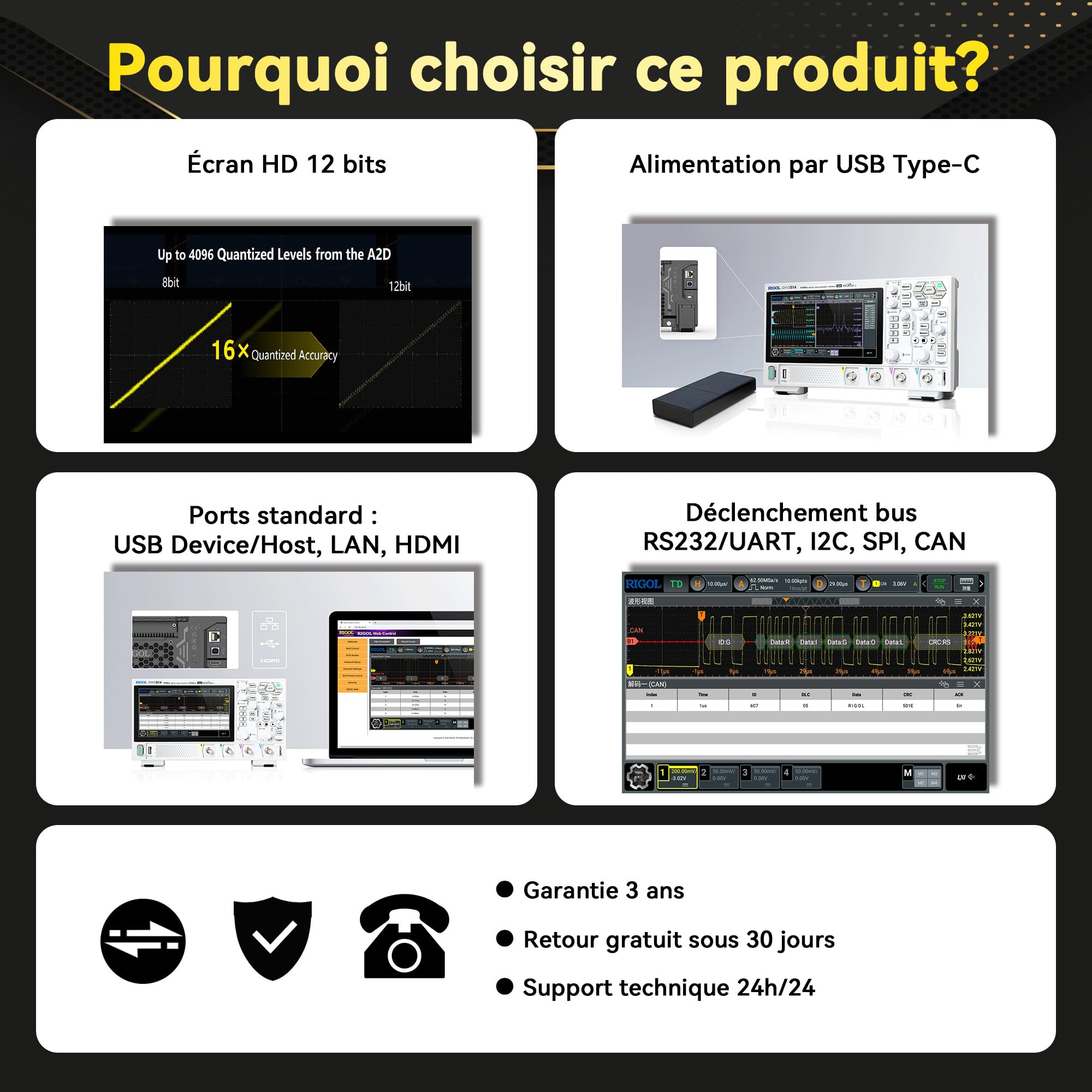 RIGOL Oscilloscope,DHO804 Oscilloscope Numerique,70MHz,4A Canal,Résolution 12 bits, écran tactile HD 7",Ultra-Portable,Pour tests sur site et enseignement en laboratoire