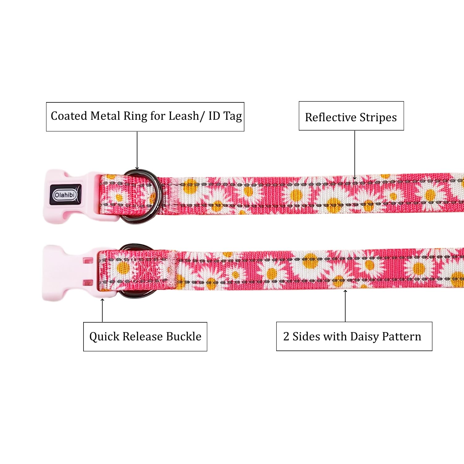 Olahibi Dog Collar and Leash Combo Set, Cute Daisy Pattern, Polyester Material, with Reflective Stripes, 150CM Leash - Image 3