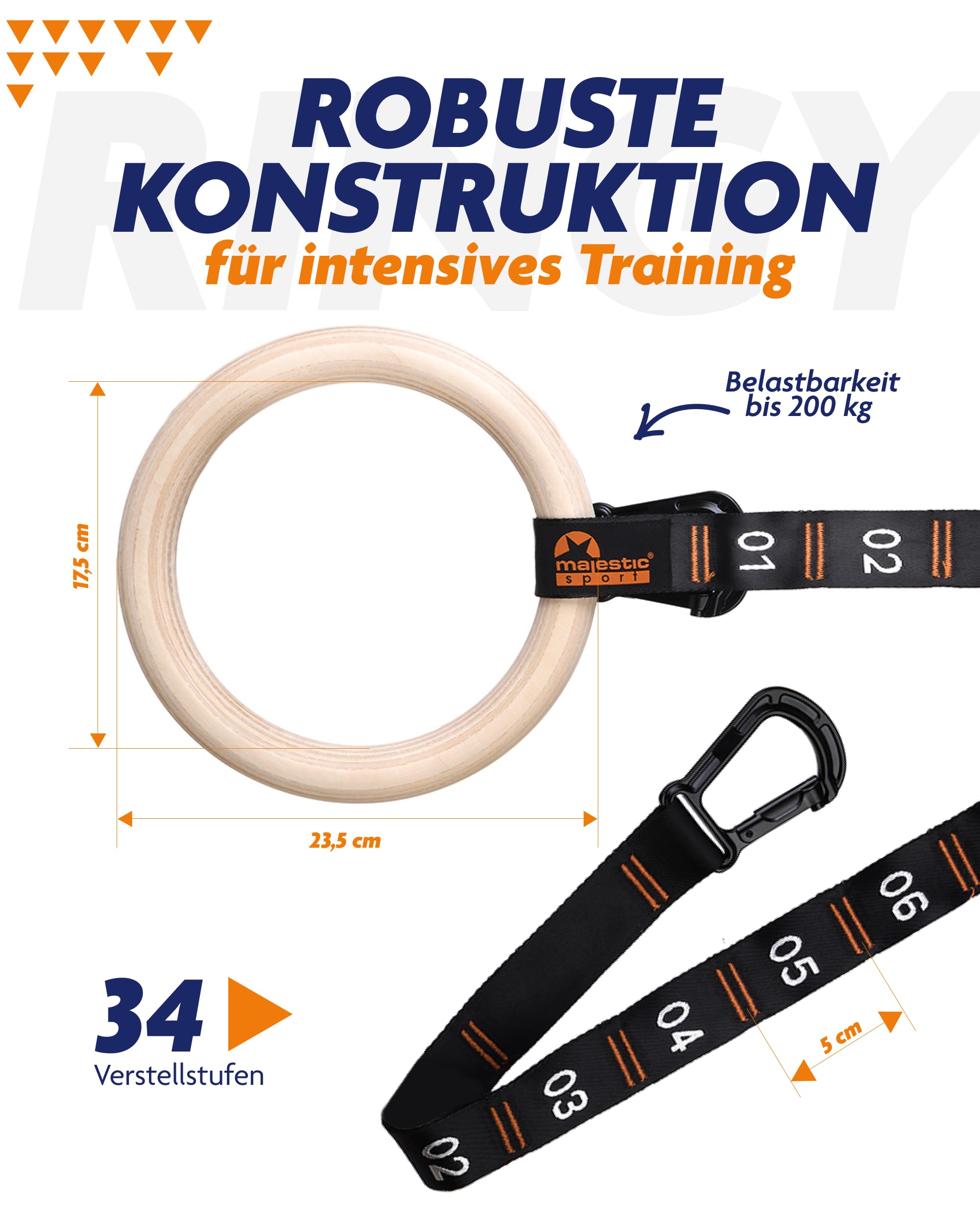 Turnringe Holz - Gymnastikringe mit 34 Verstellstufen, Ø 23,5 cm Naturholz, hochfeste Nylon-Gurtbänder & Stahlkarabiner - Gym Rings für Calisthenics, Klimmzüge & Dips, Indoor & Outdoor
