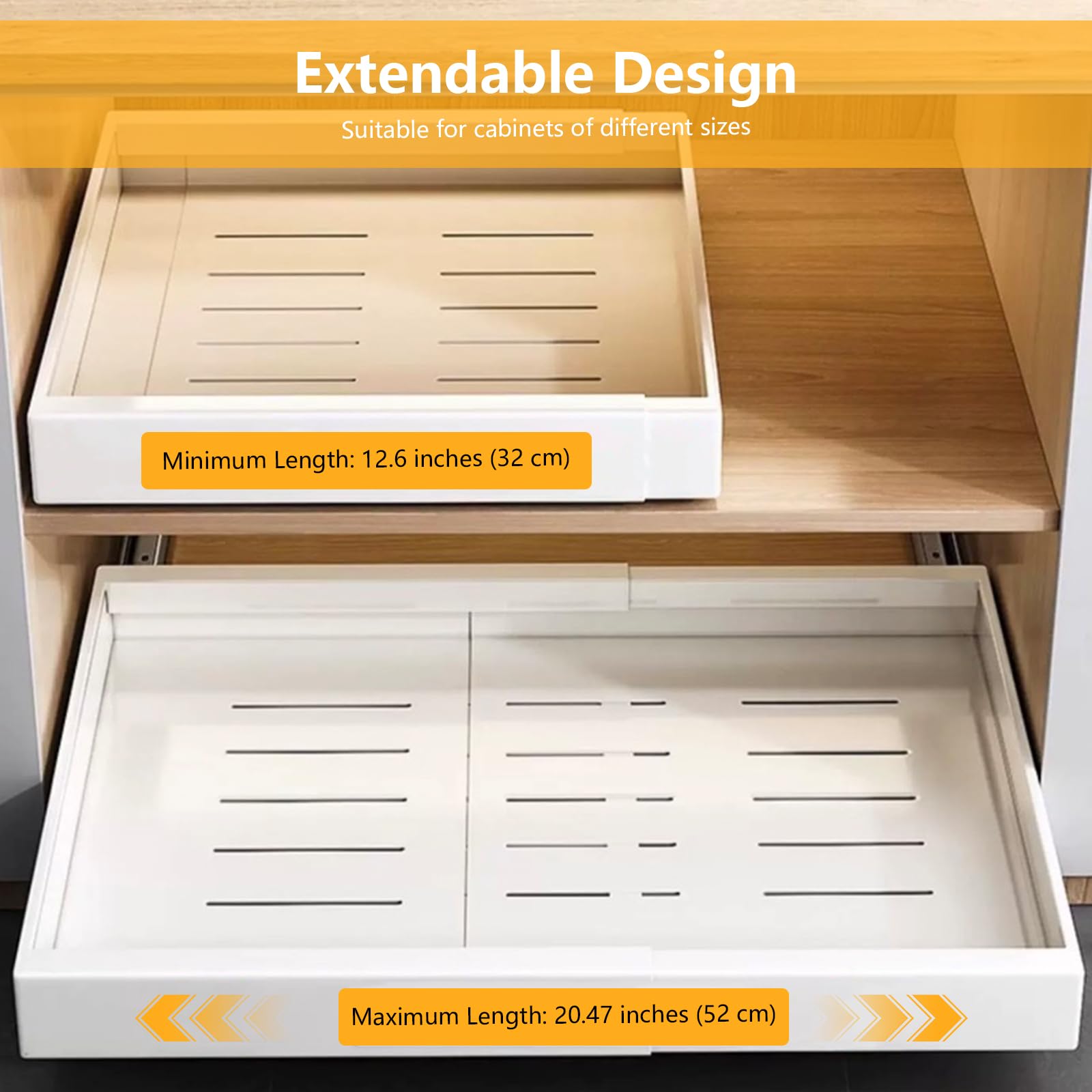 VINATO Teleskopschublade, Ausziehbare Schublade KüChe, Verstellbare Breite (32-52 Cm B X 42 Cm T X 7.5cm H), Slide out Drawer mit Klebefolie, Schrankauszug KüChe, Weiß