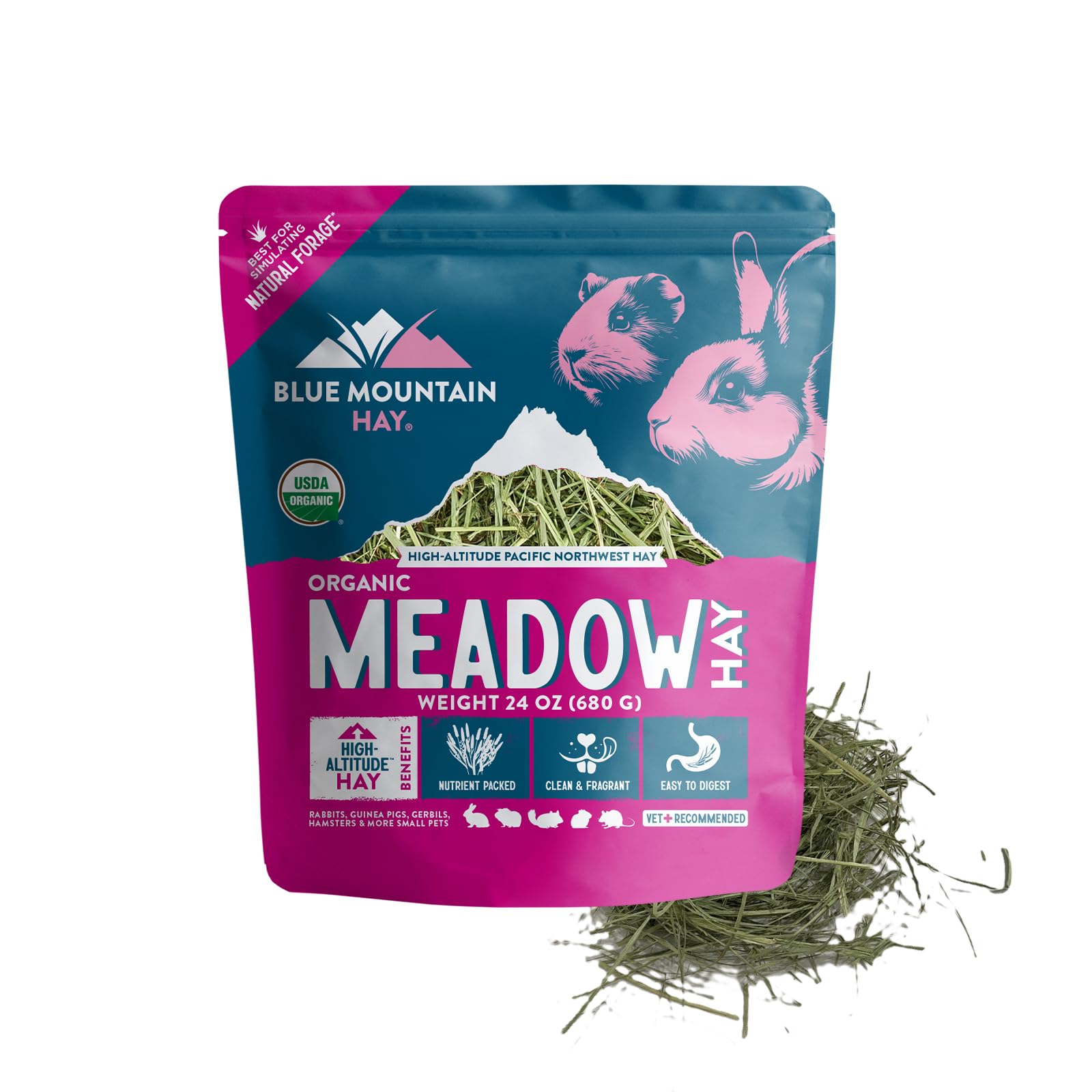 Blue Mountain Hay Organic Meadow Hay for Small Pets, Natural Forage, 24oz