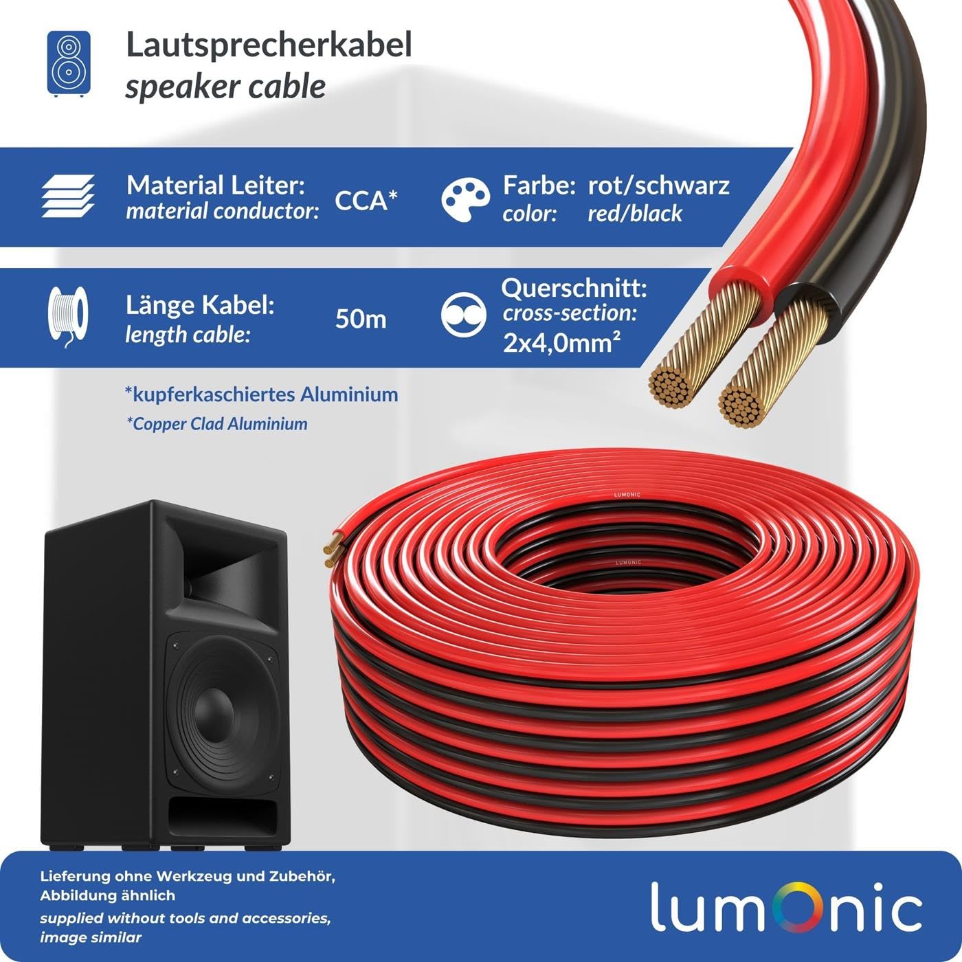 Lumonic Cavi per altoparlanti | 50m Rosso Nero | 2x 4mm² CCA | Cavo per diffusori HiFi | Linea audio doppia