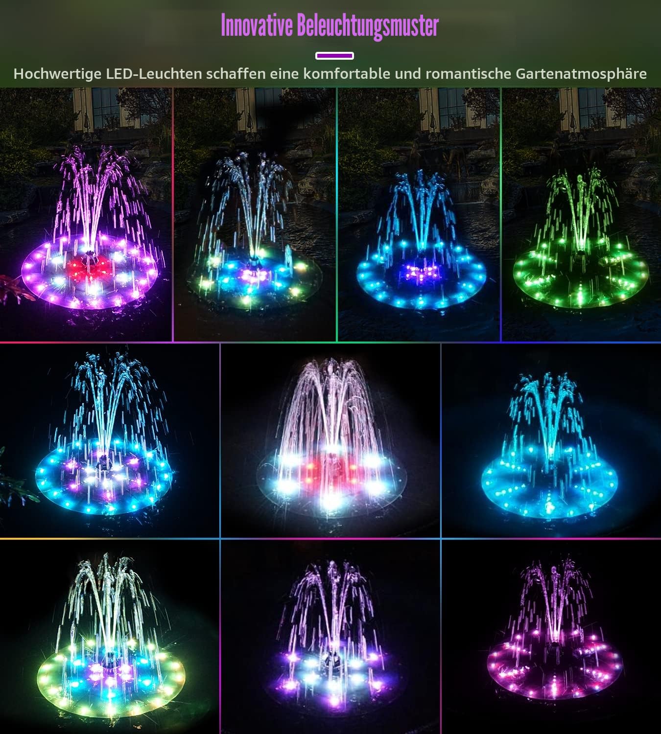 SZMP 4W Solar Springbrunnen für außen mit 4000 mAh Batterie, 60 Bunten LED-Lichtern Solarbrunnen Teichpumpe Solar mit 8 Effekte Solar Wasserpumpe, Solar Schwimmender Fontäne für Draussen, Vogel-Bad