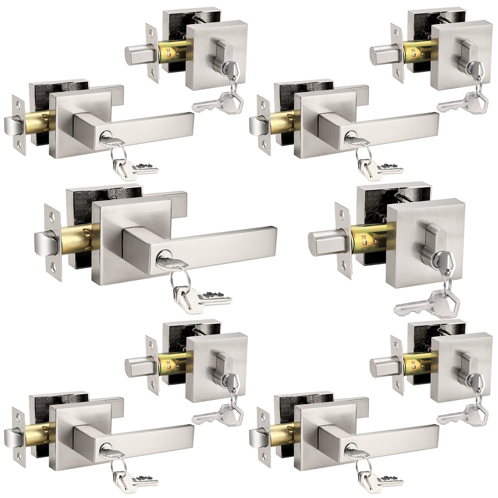 Probrico Heavy Duty Square Entry Levers and Single Cylinder Deadbolts Combo Pack, Satin Nickel Keyed Alike Entry Door Locksets for Office Bedroom and
