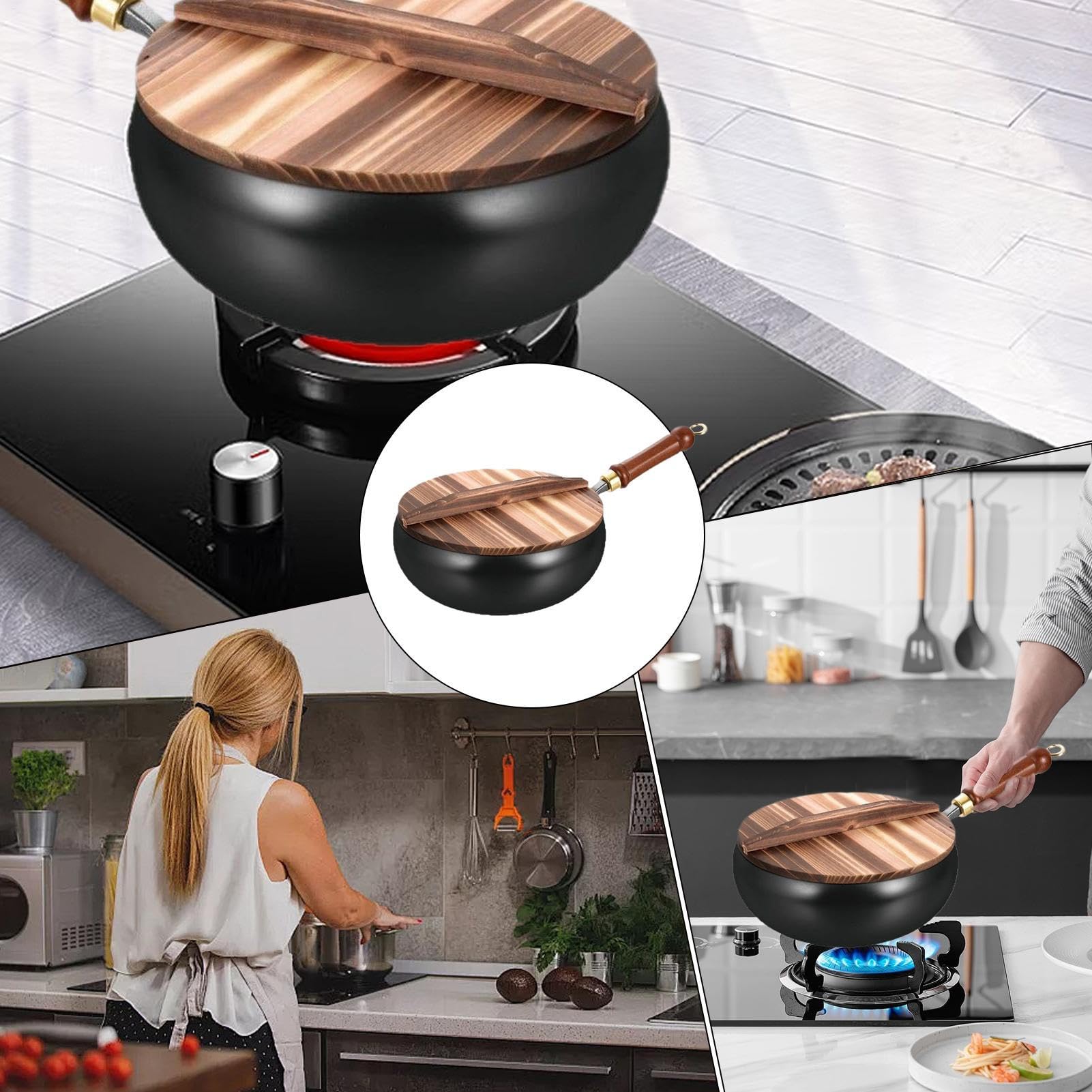 Wok cinese in ghisa fatto a mano, diametro 28 cm, padella antiaderente in ferro forgiato a mano, padella con coperchio e manico in legno, wok in ferro senza rivestimento, metodo tradizionale per stufe