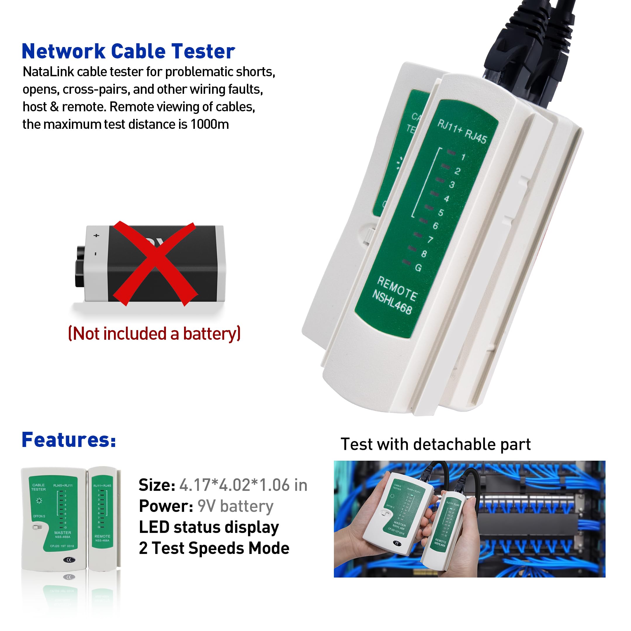 RJ45 Crimpzange Ethernet Crimper Tool Kit Cat 6 Cat 5E Cat 5 Crimpzange mit Netzwerkkabeltester, Drahtschneiderzange, Mini Kabelabisolierzange, 50 Stück Cat 5E Stecker und