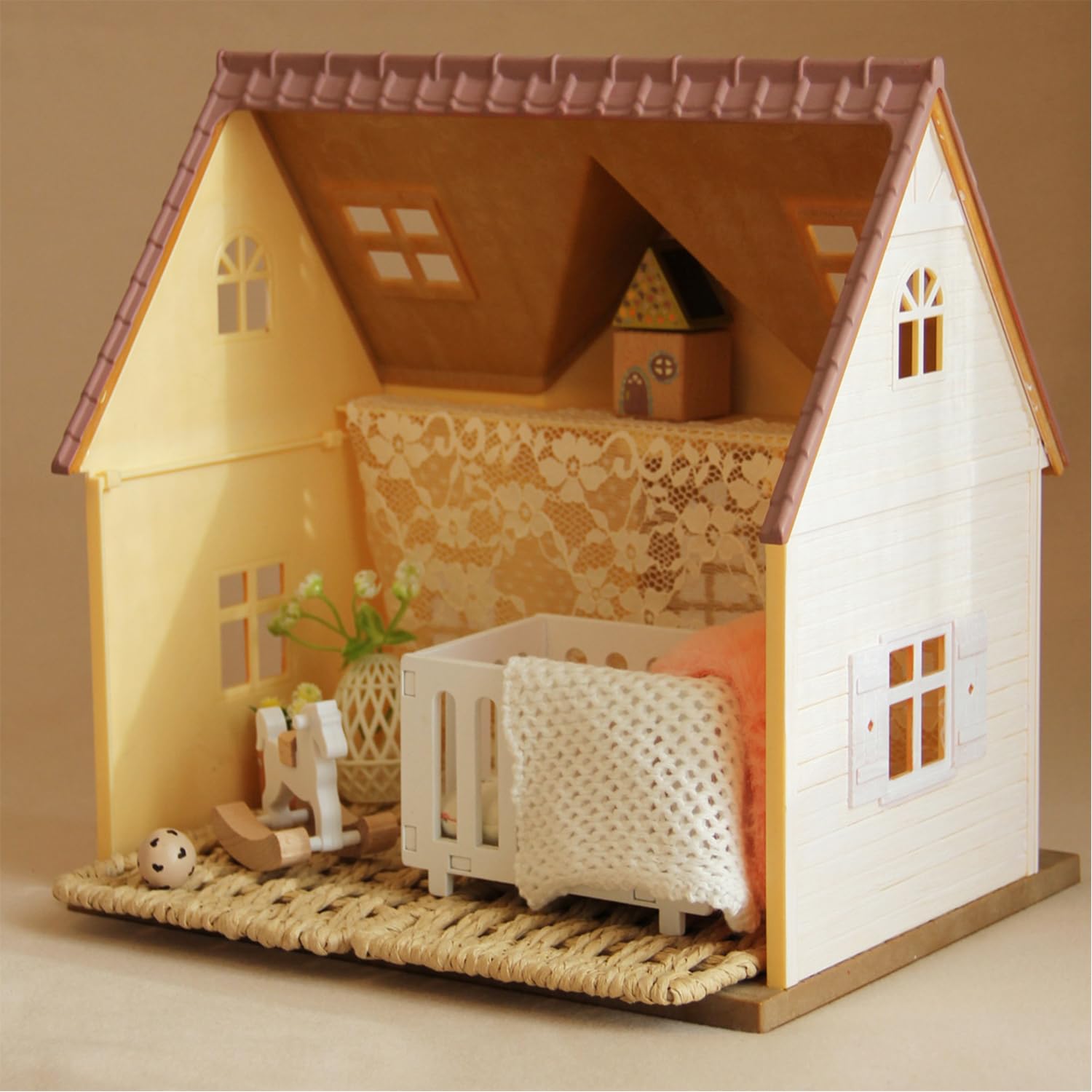 1:12 Dollhouse Cirb, 1 juego de cuna de madera en miniatura con ropa de cama, modelo de cuna, mini cuna para muñecas, accesorios de decoración de muebles para mascotas 7