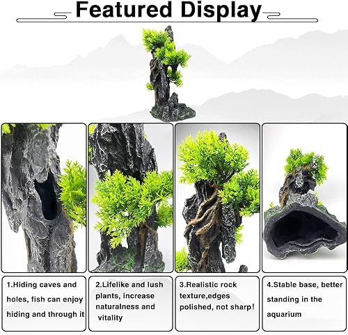 Miniatura 3 de Adorno de piedra con vista a la montaña para acuario, cueva de roca de árbol, decoraciones de acuario grandes y altas, decoraciones para peceras