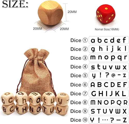 Miniatura 2 de Juego de 10 dados creativos de madera inglesa de 0.787 in, incluye 26 mayúsculas y 26 letras minúsculas grabadas en diferentes dados