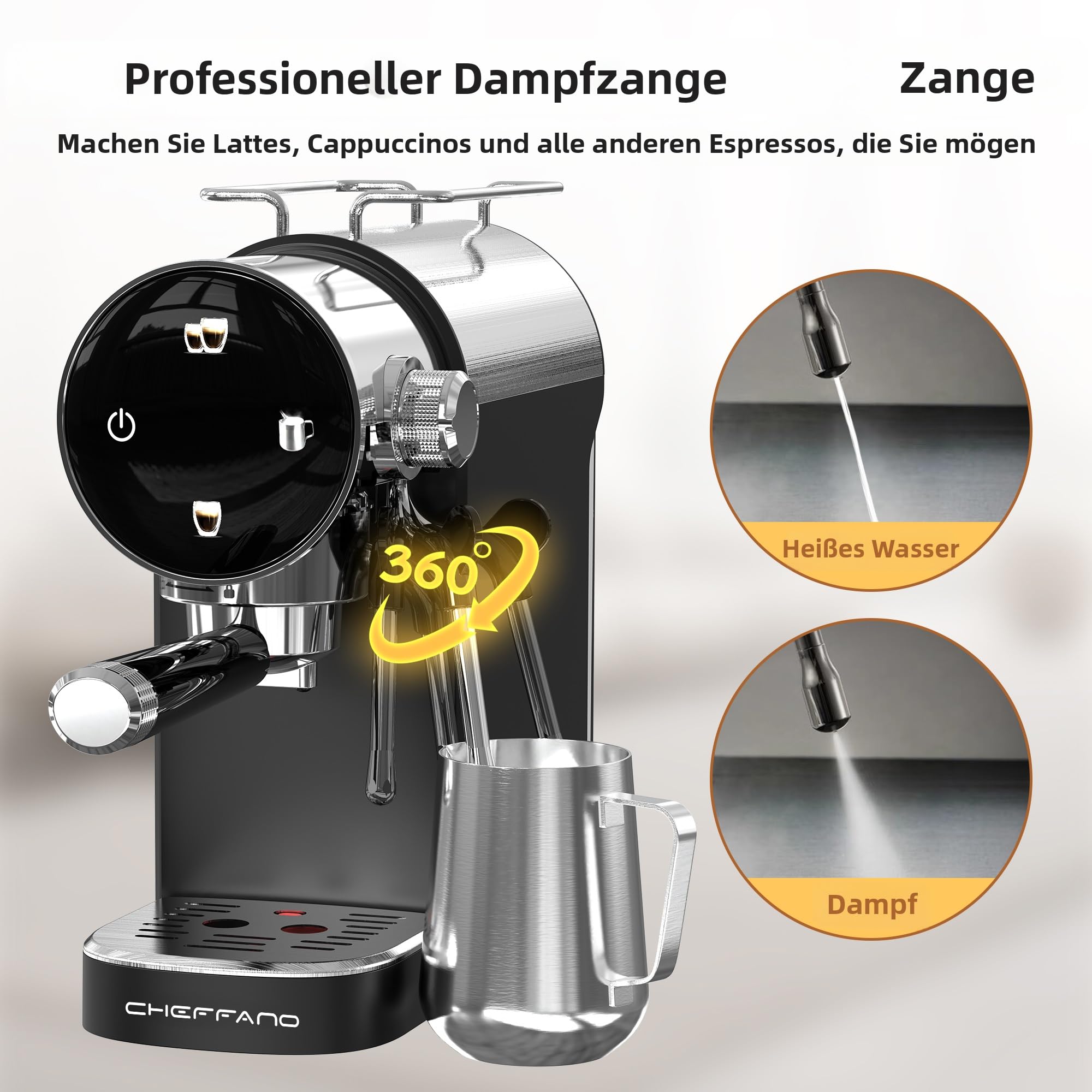 CHEFFANO Espressomaschine, 1350W, 15-Bar-Pumpe, Touchscreen, Edelstahlgehäuse & Dampfstab für Cremespuma