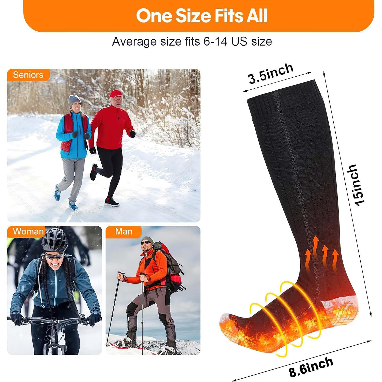 Chaussettes Chauffantes, 5000mAh Chaussette Chauffante USB Rechargeable Électrique pour Hommes Femmes, Chauffage Chaussettes d'hiver pour Sports Ski Cyclisme Moto
