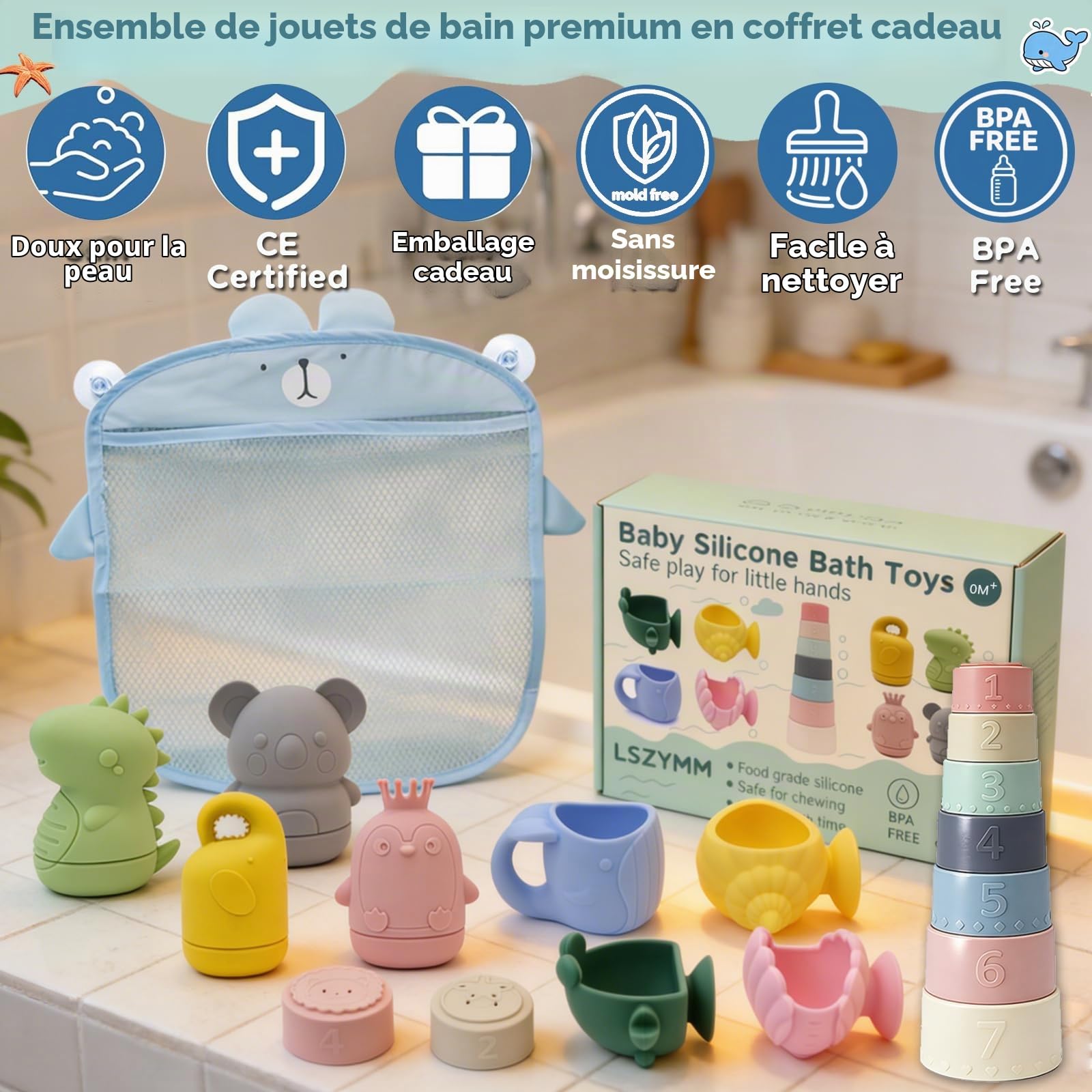 Jouets de Bain Bébé Silicone 0+ Ans,Set Silicone Alimentaire, Gobelets Empilables Sensoriels, Animaux Aspergeurs à Ventouse, Jeux de Bain Jouets de Douche de Bébé Jouet Piscine Jouets Flottants