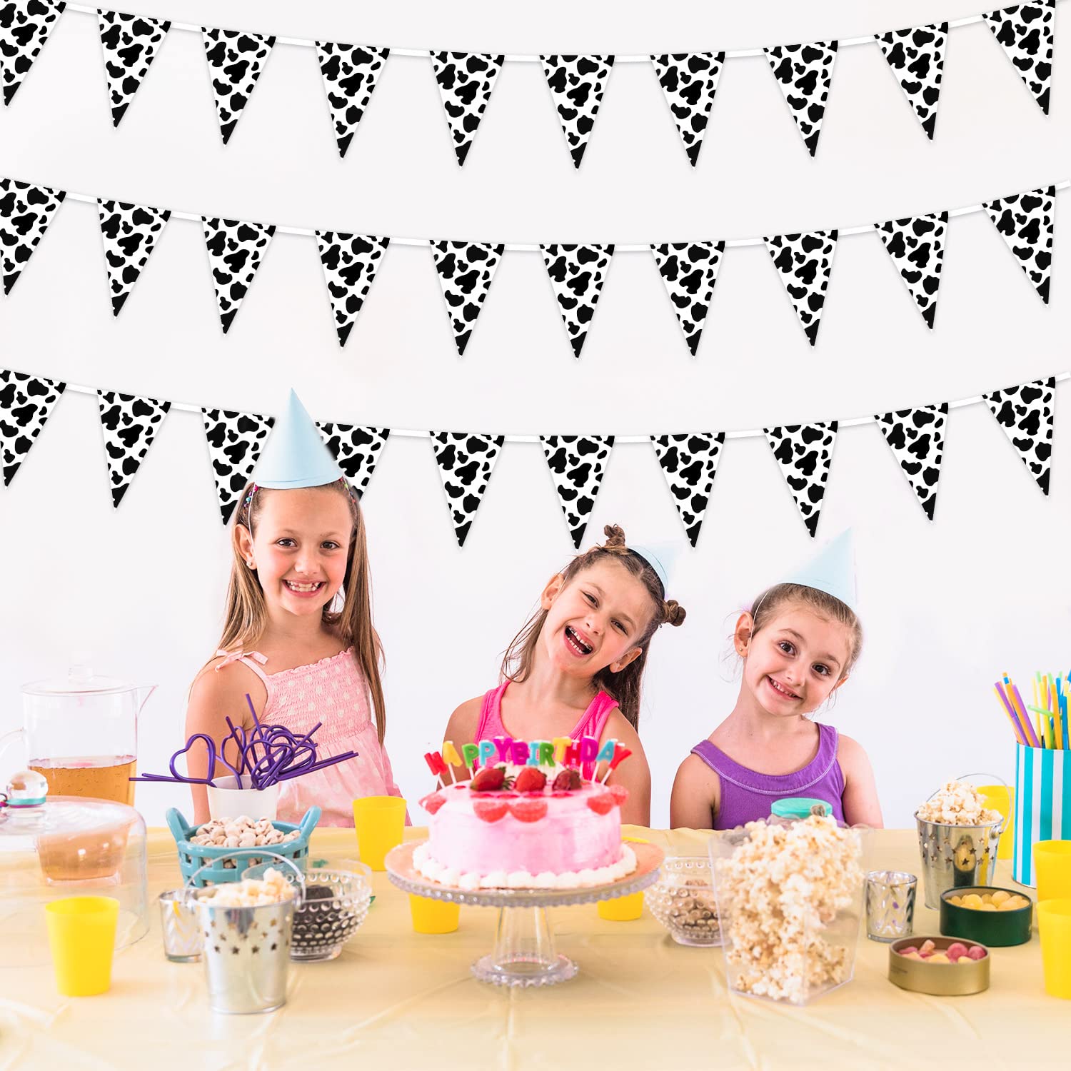 Banderines con estampado de vaca, banderines de vaca, patrón de vaca, suministros de fiesta de cumpleaños, pancarta de estilo granja para decoraciones de fiesta temática de vaquero occidental