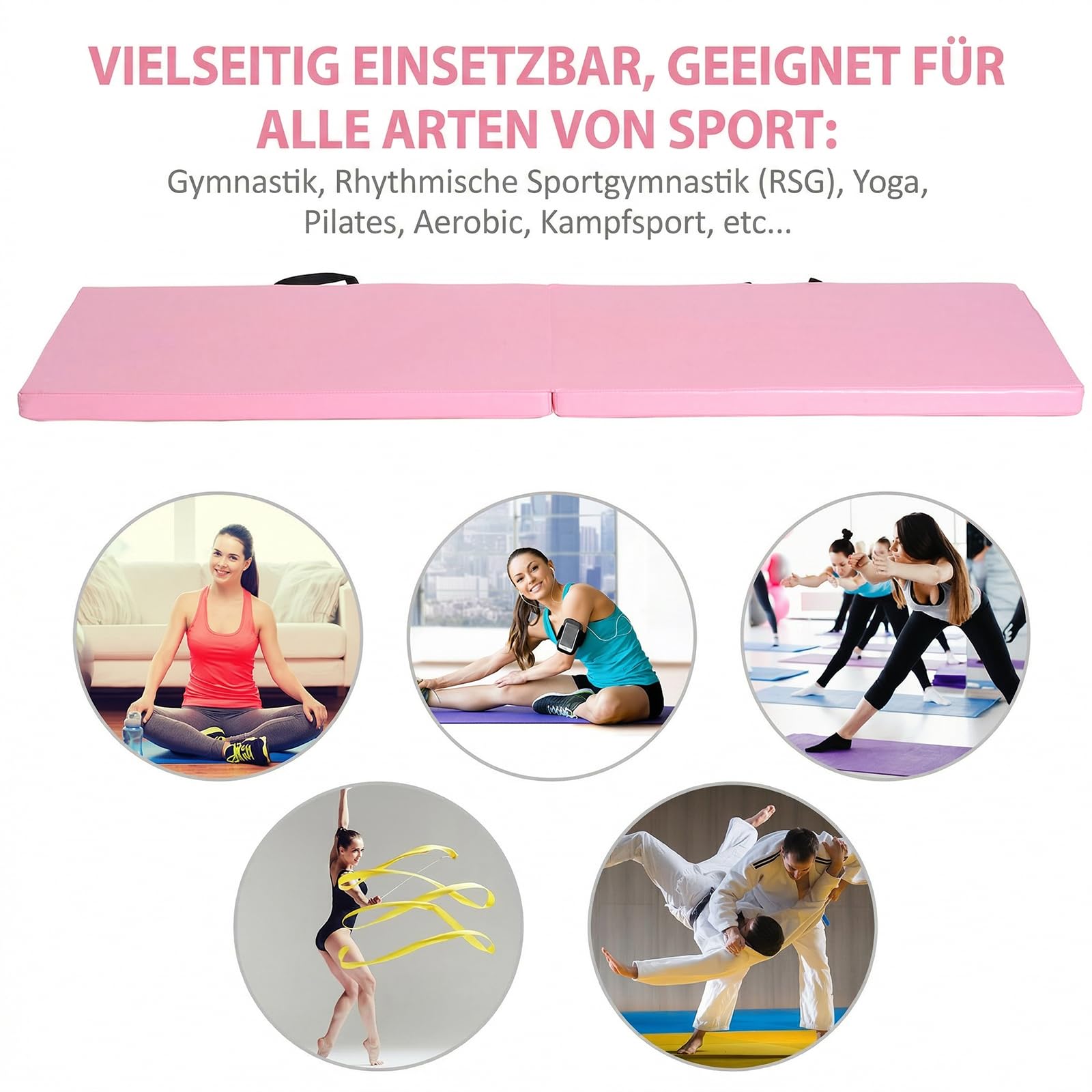HOMCOM Trainingsmatte, Faltbare Fitnessmatte Sportmatte mit Griffen Gymnastikmatte Gymnastik Tumbling Matte für Yoga, MMA, Fitness, Pilates, Synthetikbezug, Rosa, 180 x 60 x 5 cm