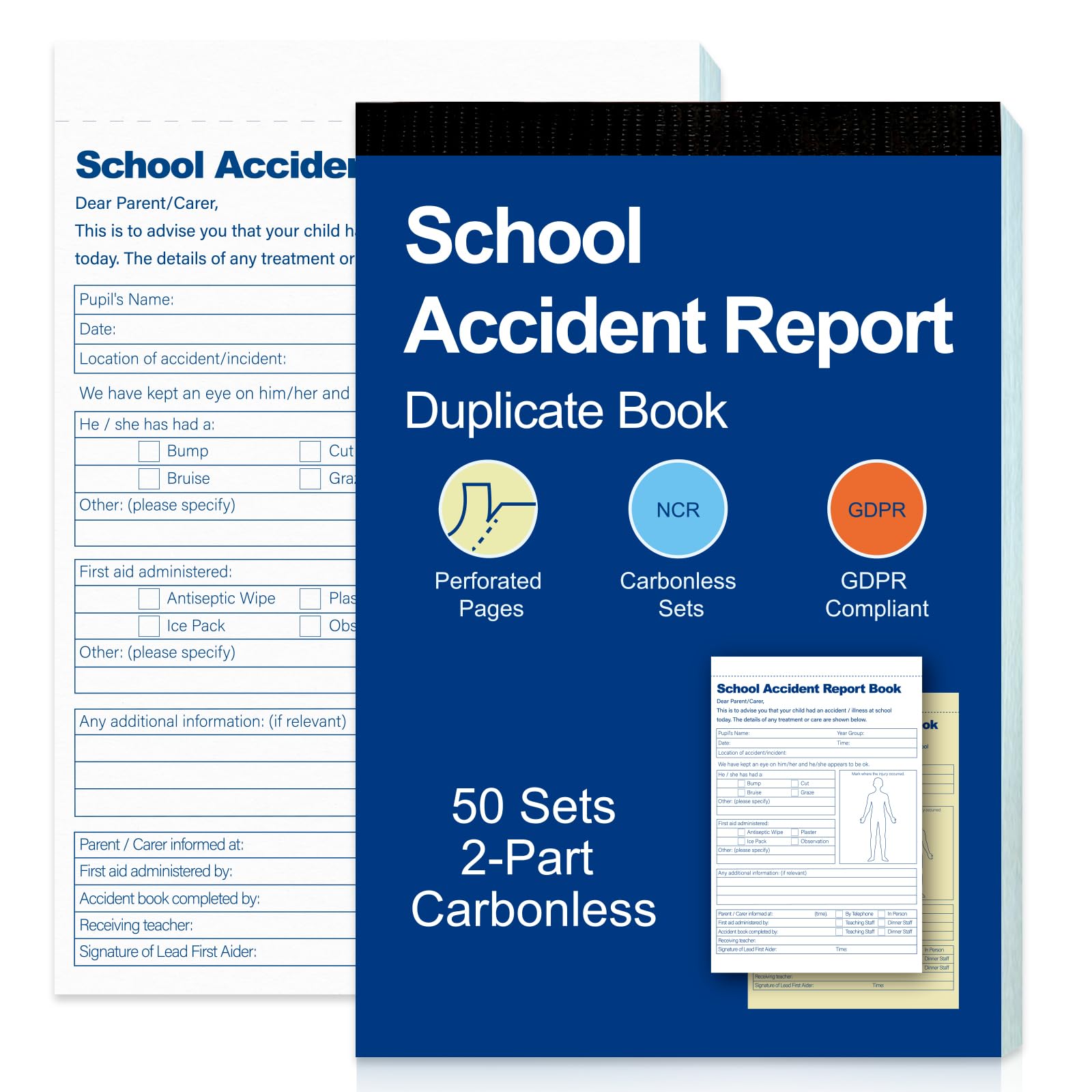 1 Pack Accident Book A5 School Accident Report Book Incident Report Carbonless Duplicate Book 2-Part 50 Sets with Both Copies Perforated for Schools Educational Institutions