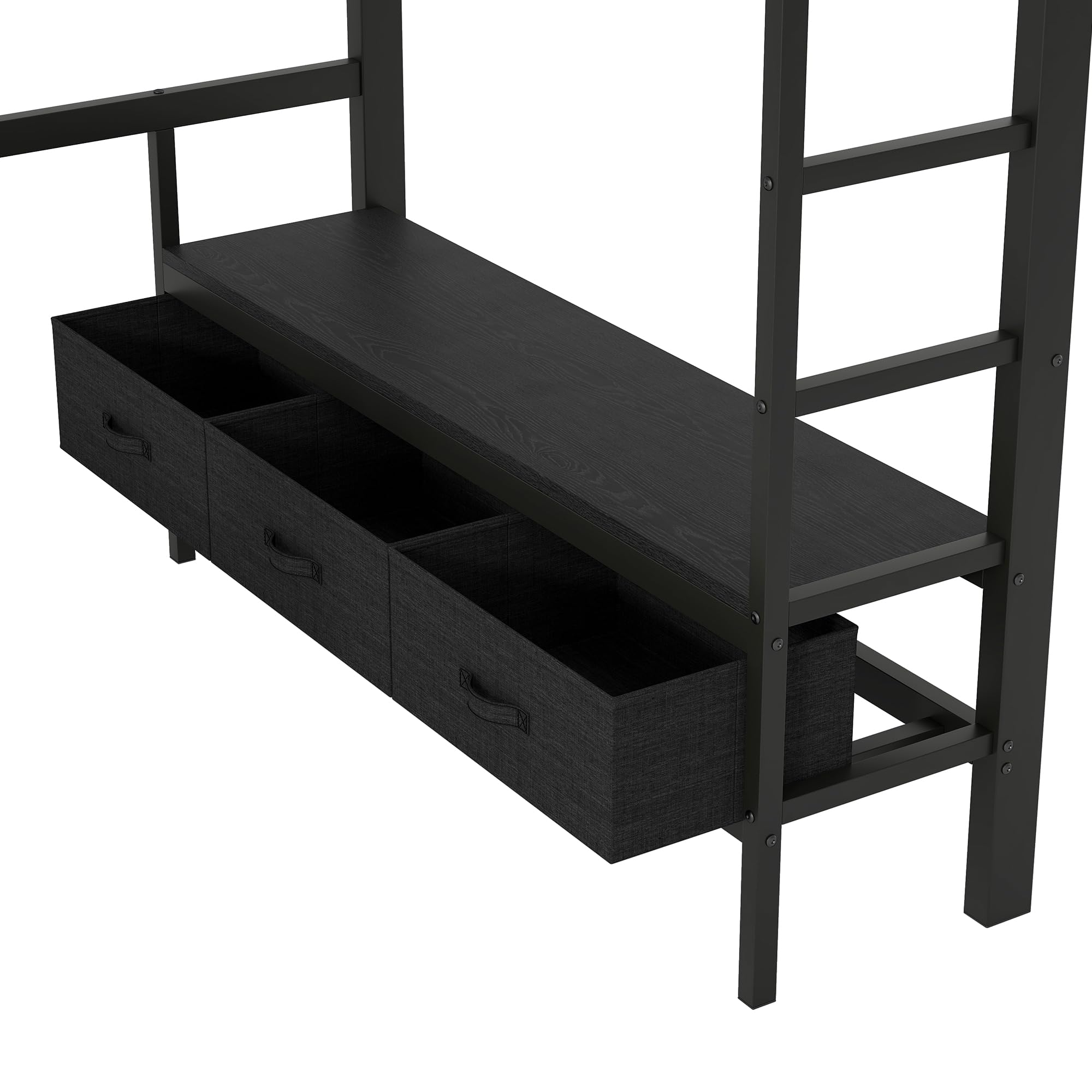 Lit Mezzanine 140x200 cm avec Port USB et Eclairage LED, Lit Bureau avec Armoire Ouverte et 3 Tiroirs à Linge, Lit Hauteur Enfant avec Bureau en Métal, Gain de Place (Noir)