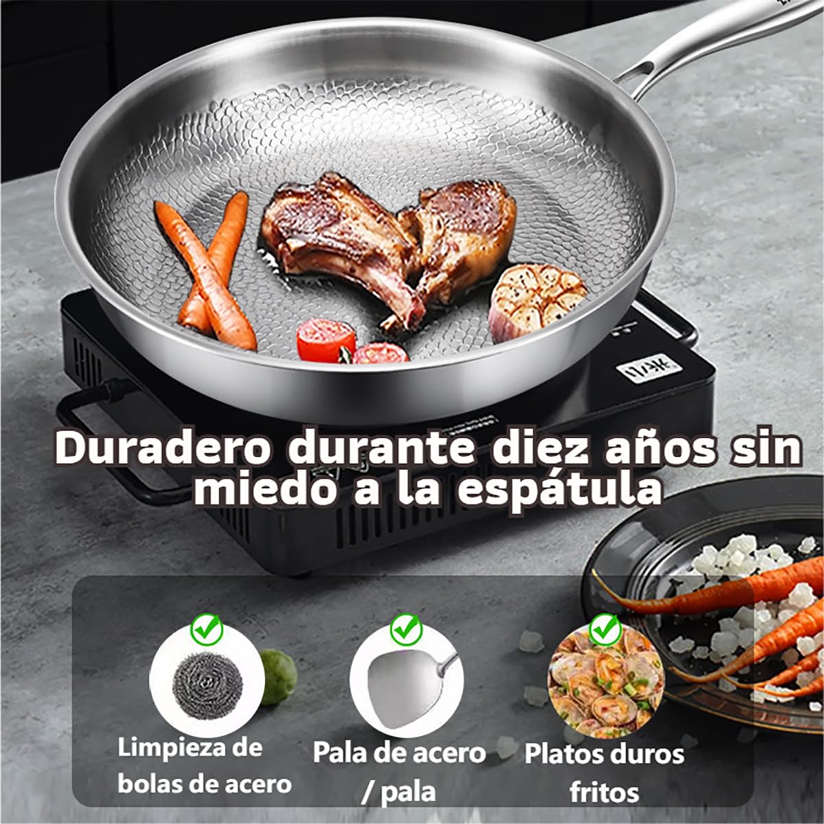Genérico 2026 Sartén de Titanio Puro, Sartenes de Titanio, Antiadherente Sin PFOA, Base Inducción Imanética, Para Cocina Saludable Sin Aceite, Incluye Tapa y Mango Ergonómico (A, 28cm)