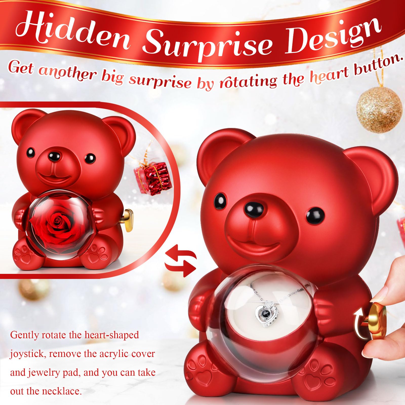 Hnustbo Rosa Eterna Stabilizzata con Collana I Love You, Rose Orso Originale Regalo per Donna Fidanzata Mamma Madre Nonna Moglie per San Valentino,Festa della Mamma,Compleanno,Natale