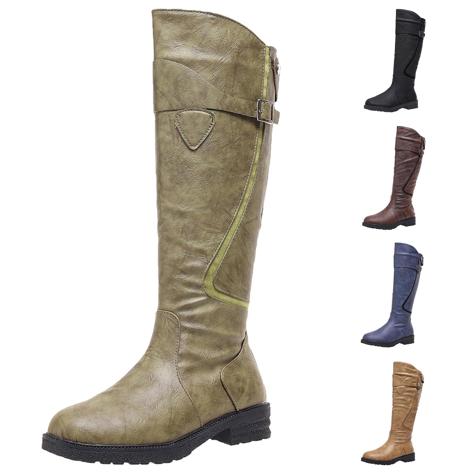 Knee High Boots Women Low Heel Square Toe Side Zipper Faux Leather Motorcycle Biker Riding Boots Womens Long