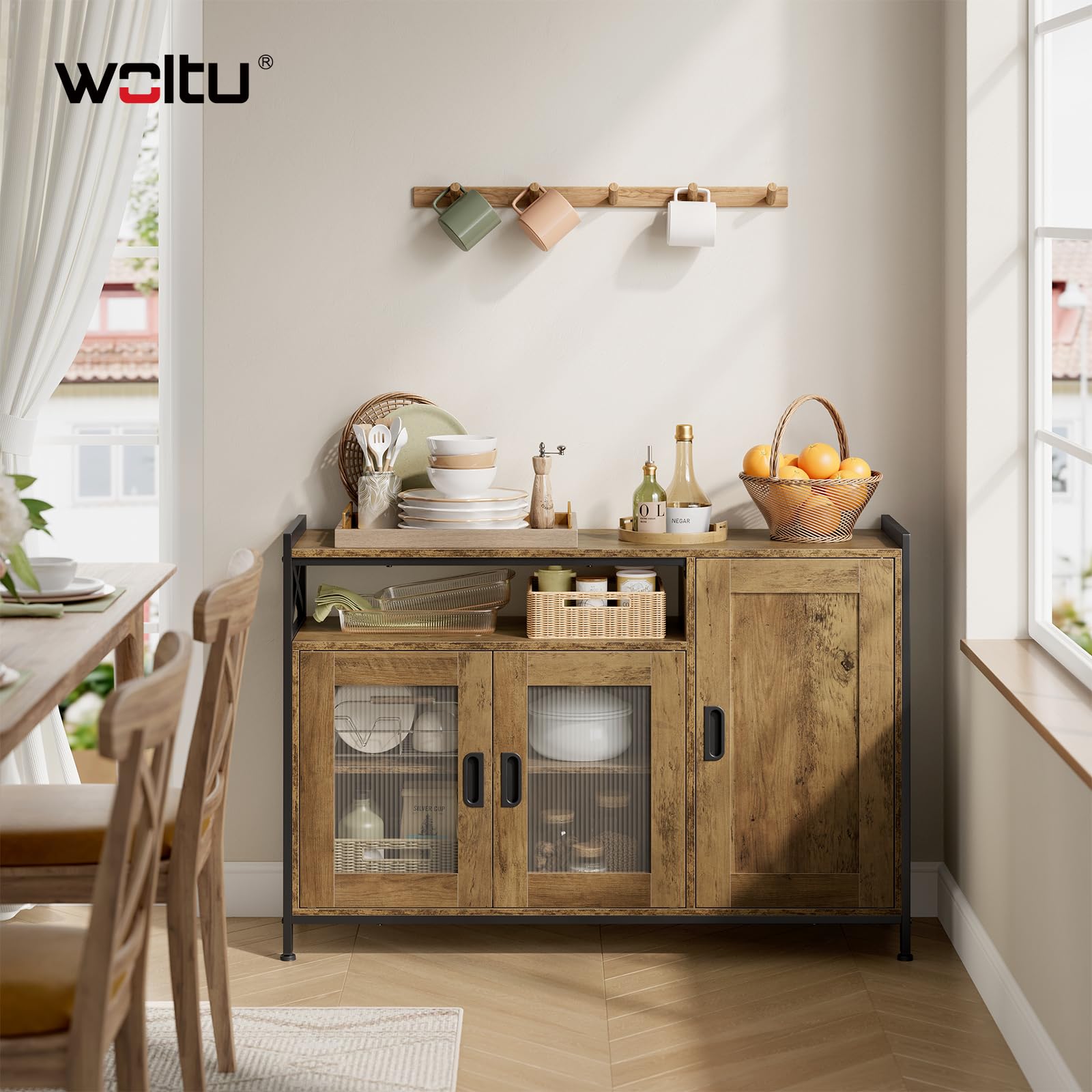 WOLTU Credenza Cucina con 3 Ante, Mobile Buffet Salvaspazio con 2 Ripiani Regolabile, in Legno e Metallo, per Cucina, Soggiorno, Ingresso, 110x33x75 cm, Effetto Legno Marrone