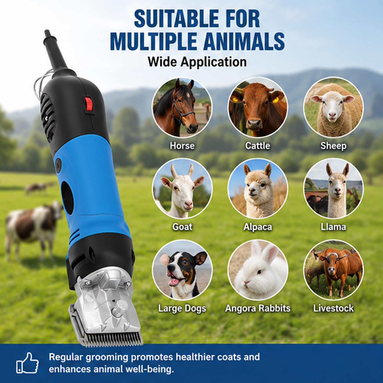 Tosatrici elettriche per cavalli, kit professionale per toelettatura peli animali con 6 velocità regolabili, cesoie per bestiame a basse vibrazioni, trimmer resistente per cavalli, pecore, bovin Blue