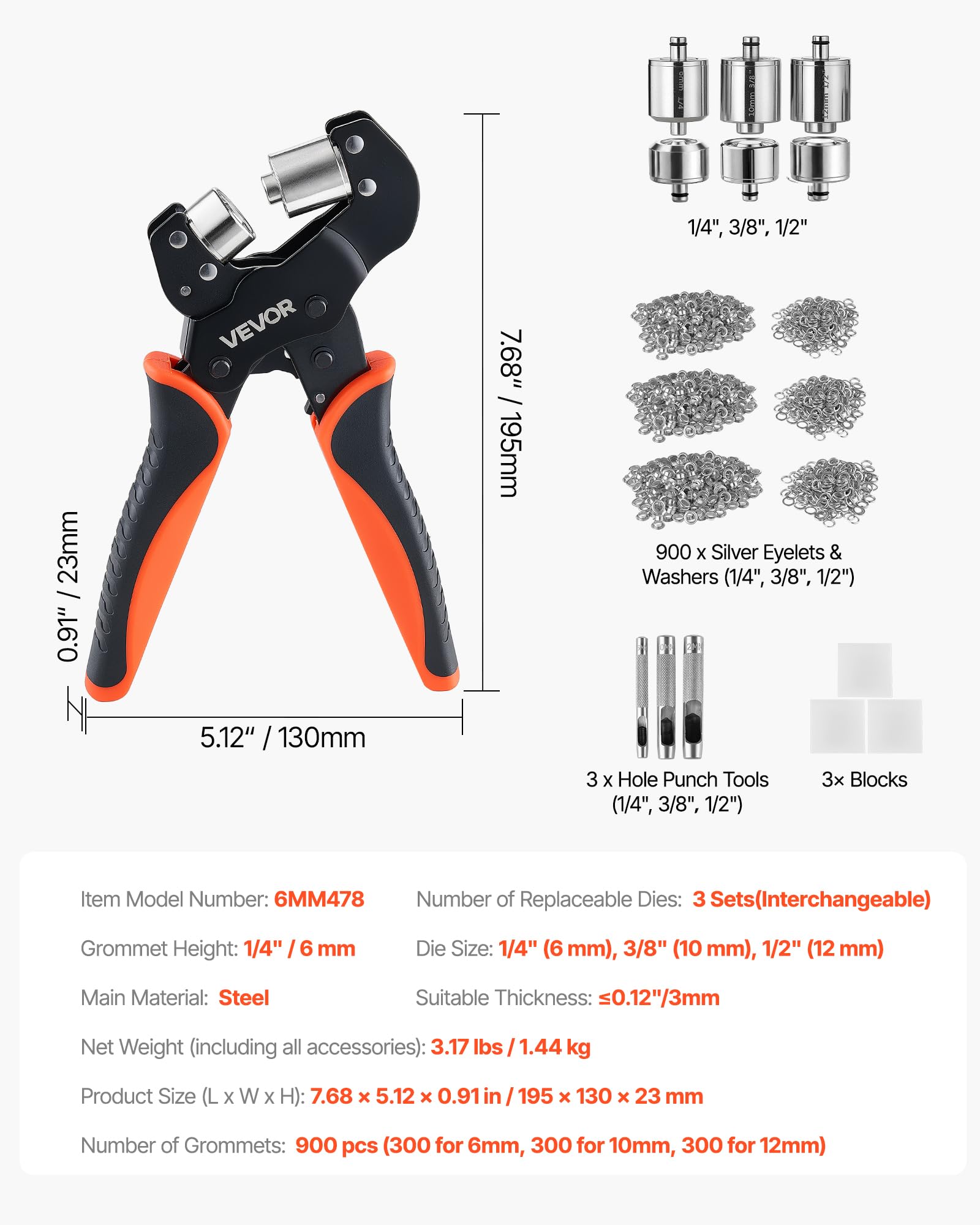 VEVOR Kit di Attrezzi per Occhielli da 6/10/12 mm 900 Pezzi con Rondelle | Pressa Occhiellatrice Manuale Punzoni Blocchi, per Pelle Cuoio Teloni Scarpe Artigianato Tessuto Lavori Fai Da Te Domestici
