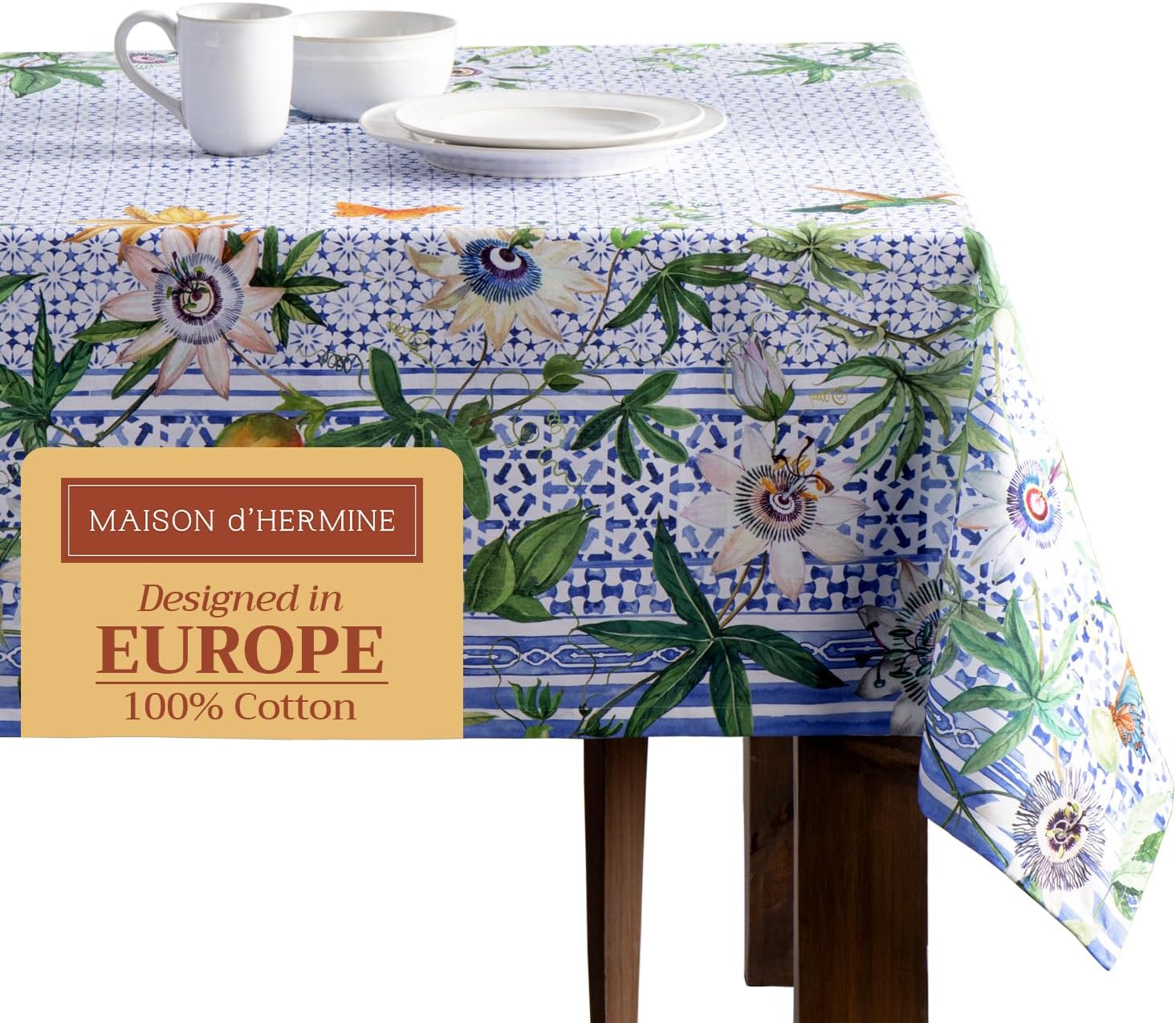 Maison d' Hermine Table Cloth Rectangle Table 100% Cotton 60 x 90 Inches Tablecloth Reusable Decorative for Dining Room, Farmhouse, Home, Party, Festive & Wedding Spring Summer - Passiflora