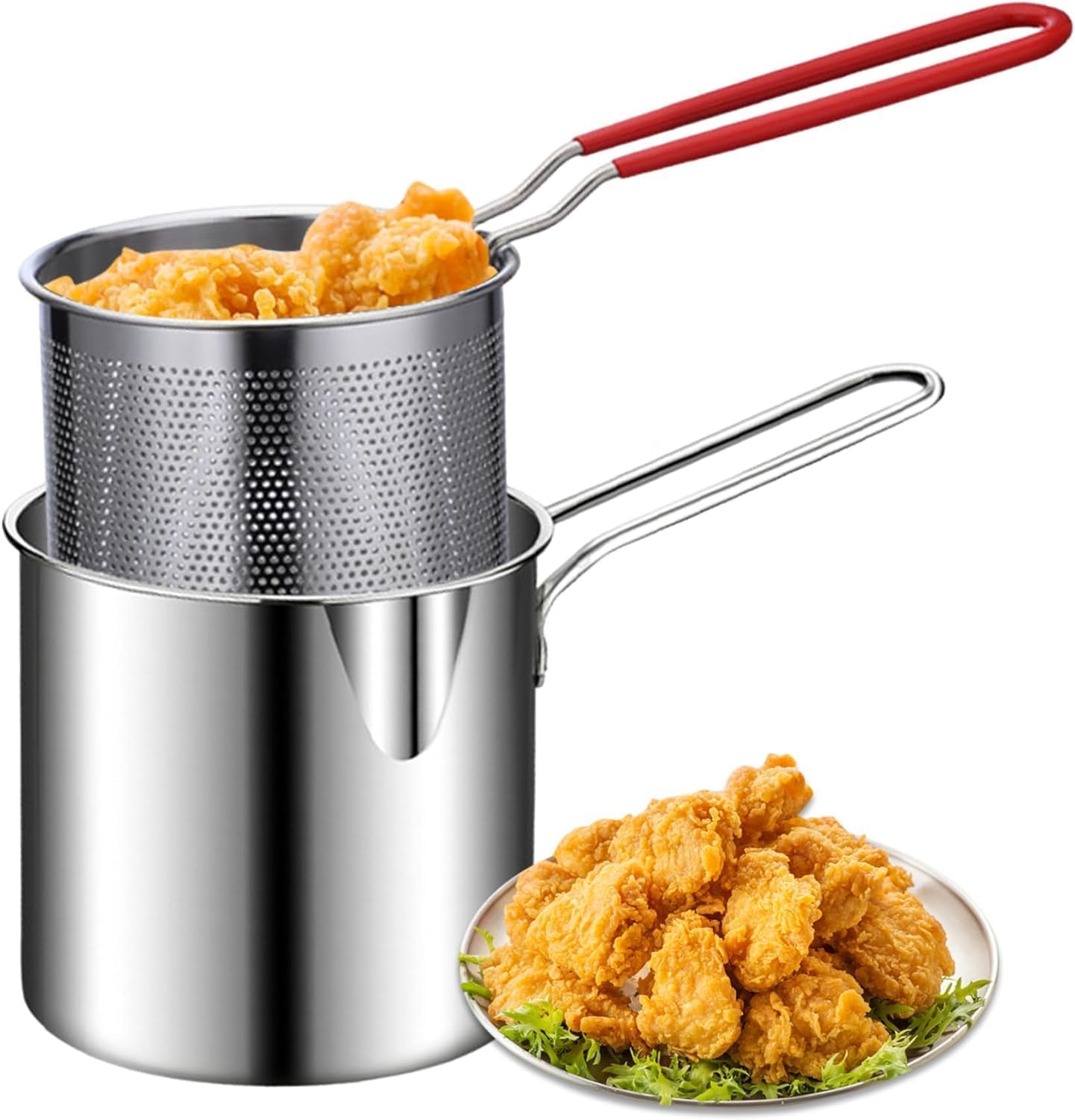 GREECHO Deep Frying Pot with Basket Strainer | Handle 1200ML Multipurpose Fryer Chips | Chicken Frying Strainer Pot Kitchen Cooking Tool French Fryer Tempura Pan-image-14