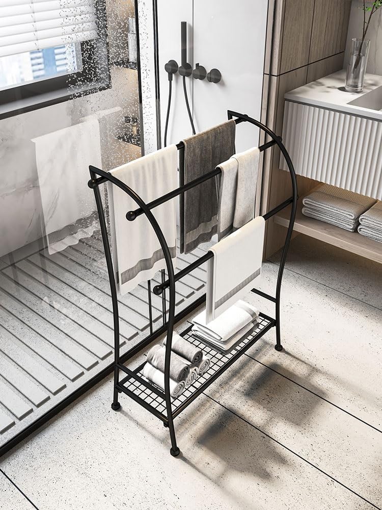 Toallero Soporte De Pie Grande para Toallas Baño, Metal, con Estante, para Toallero 3 Niveles para Colgar En El Independiente(Black)