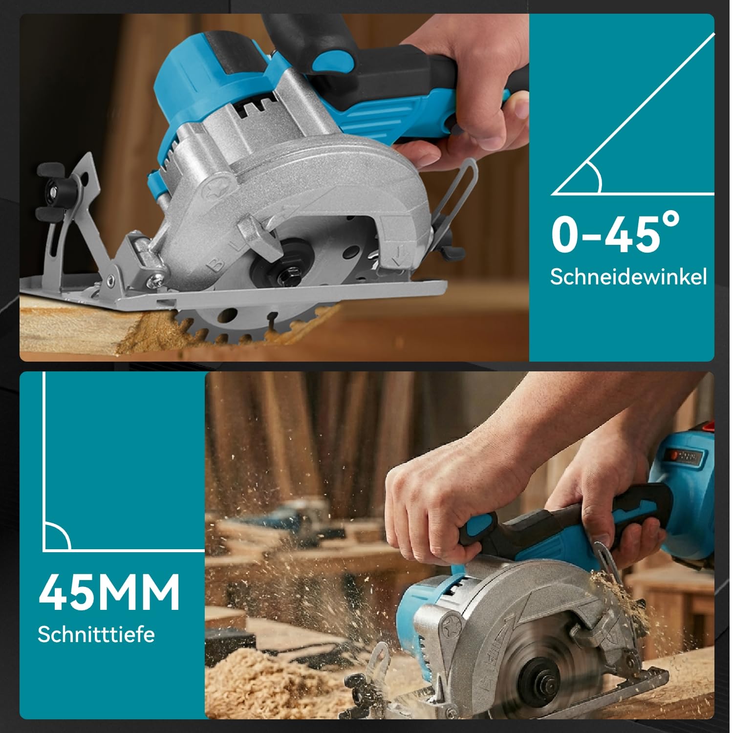 Yofidra Sierra Mini akumulatorowa piła tarczowa 6000 obr./min, 2 akumulatory 3000 mAh i ładowarka, Ø125 mm, głębokość cięcia 45 mm, regulowany kąt 0-45°, 3 poziomy, 3 ostrza, do drewna, plastiku, PVC
