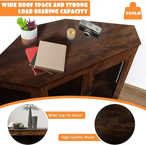 Miniatura 4 de OFIKA Muebles de esquina para jaula de perro, mesa auxiliar de madera para perrera con malla metálica, mesa auxiliar de esquina para interiores para