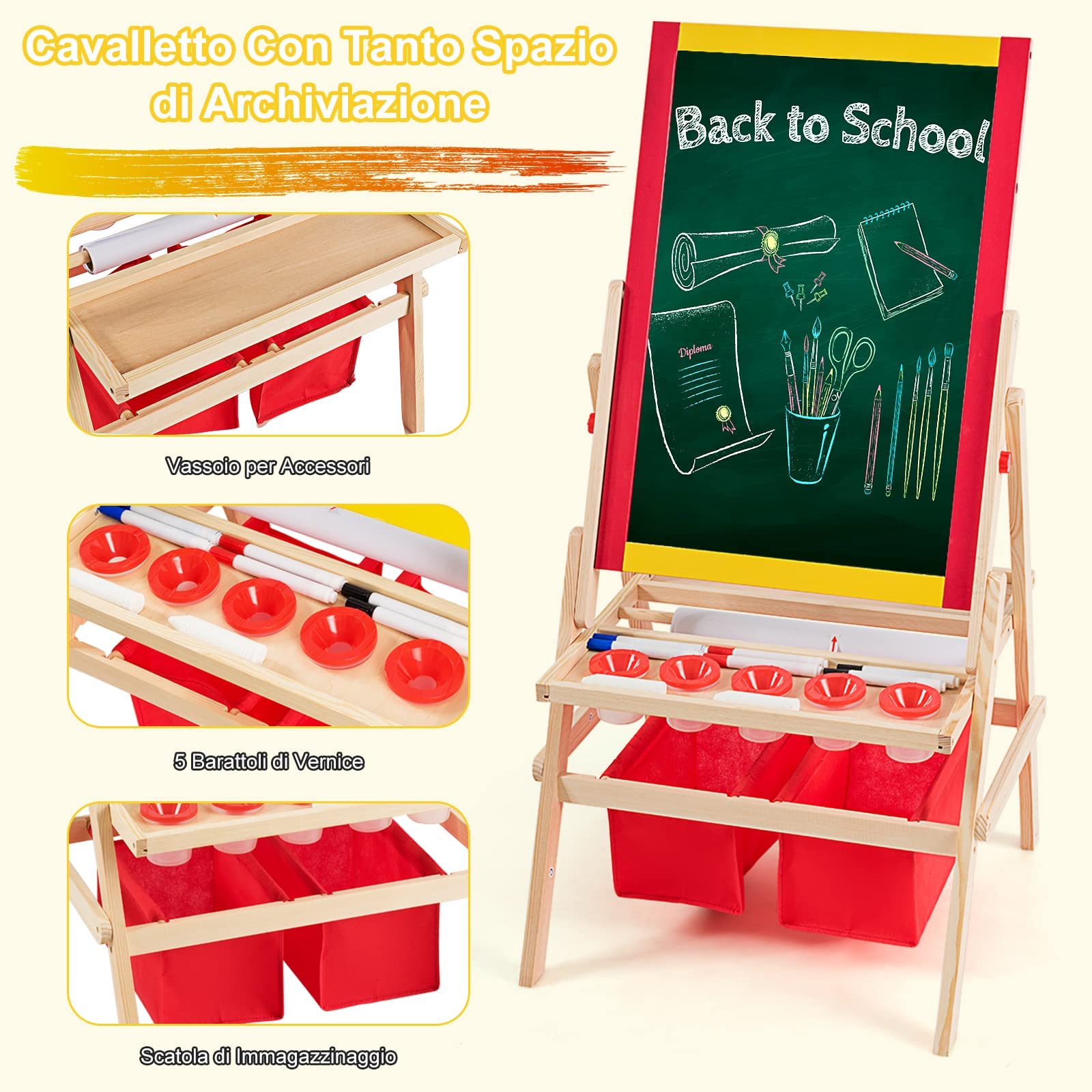 RELAX4LIFE Cavalletto per Bambini, Lavagnetta in Legno di Pino Double Face, Cavalletto Pittura per Bambini con Struttura Triangolare Stabile, Lavagna Multiattività con Lettere, 52,5x51,5x106,5 cm