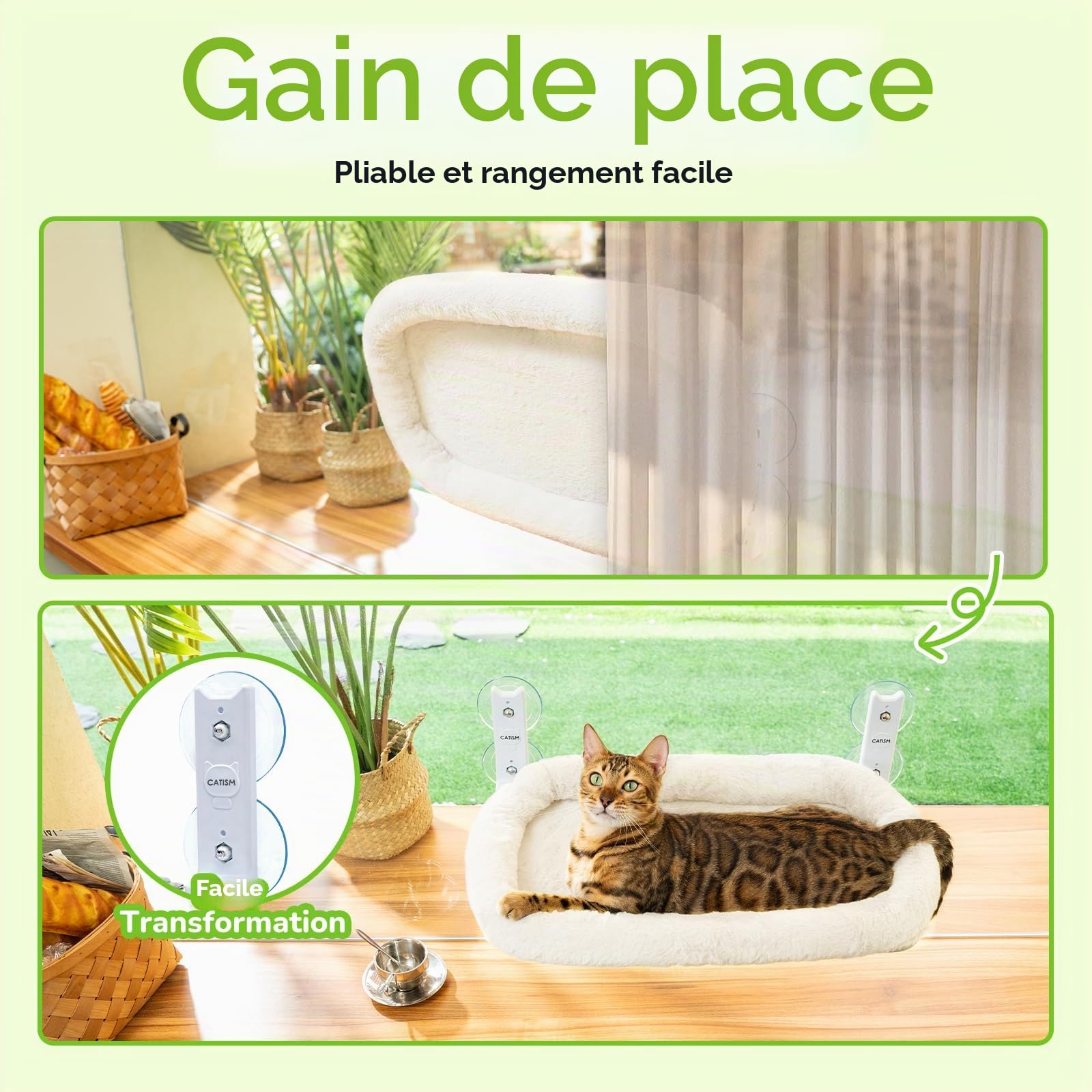 CATISM Hamac Pliable pour Chat avec Coussin Jusqu'à 20 kg, 52 x 30 cm, Rembourrage en Tissu Double Face Lavable, Lit de Fenêtre, Rebord de Fenêtre, Lit de Chat, Beige